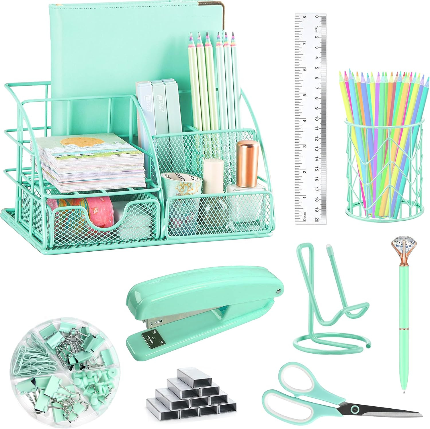 Green Desk Organizers and Accessories Office Supplies Set Stapler, Pen Holder, P