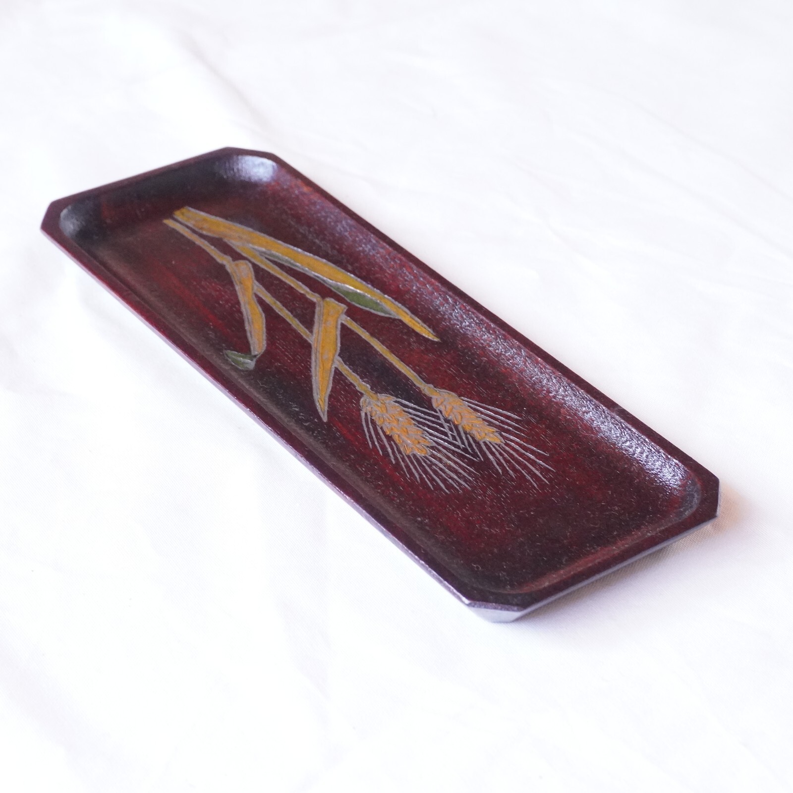 Vintage Japanese Lacquerware Pen Tray Wheat Design Sanuki Carving 24.5cm