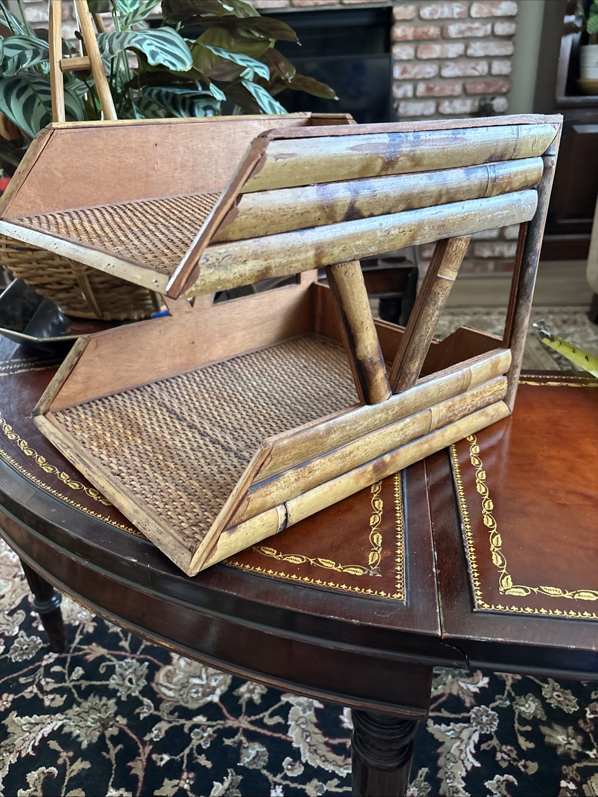 Bamboo Woven Rattan 2 Tiered Desk Organizer, Burnished 🔥 Good Condition