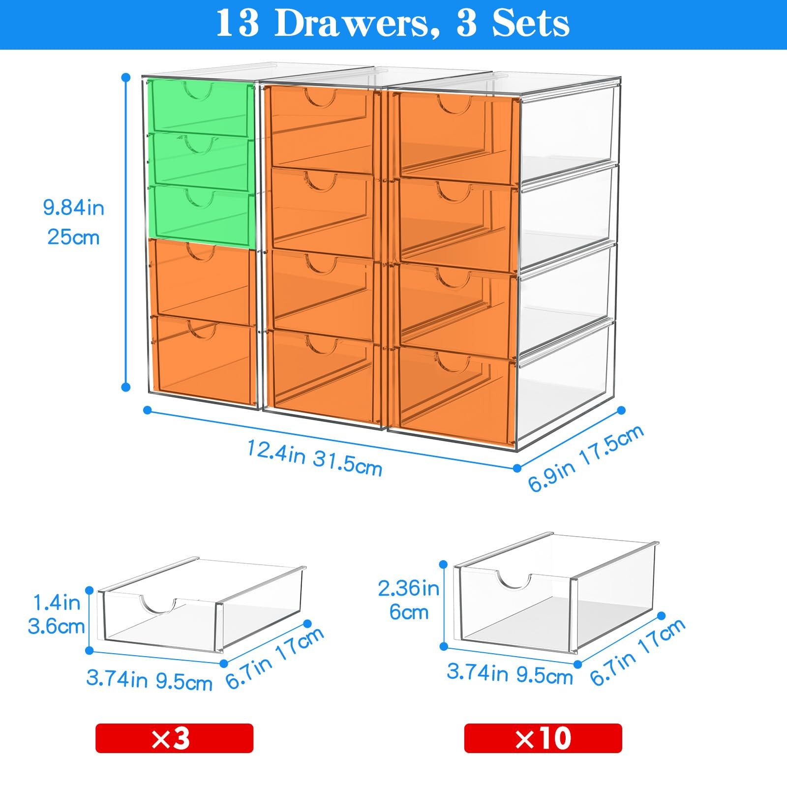 Acrylic Makeup Organizer 3 Pack – 13 Drawers for Cosmetics & Office Supplies