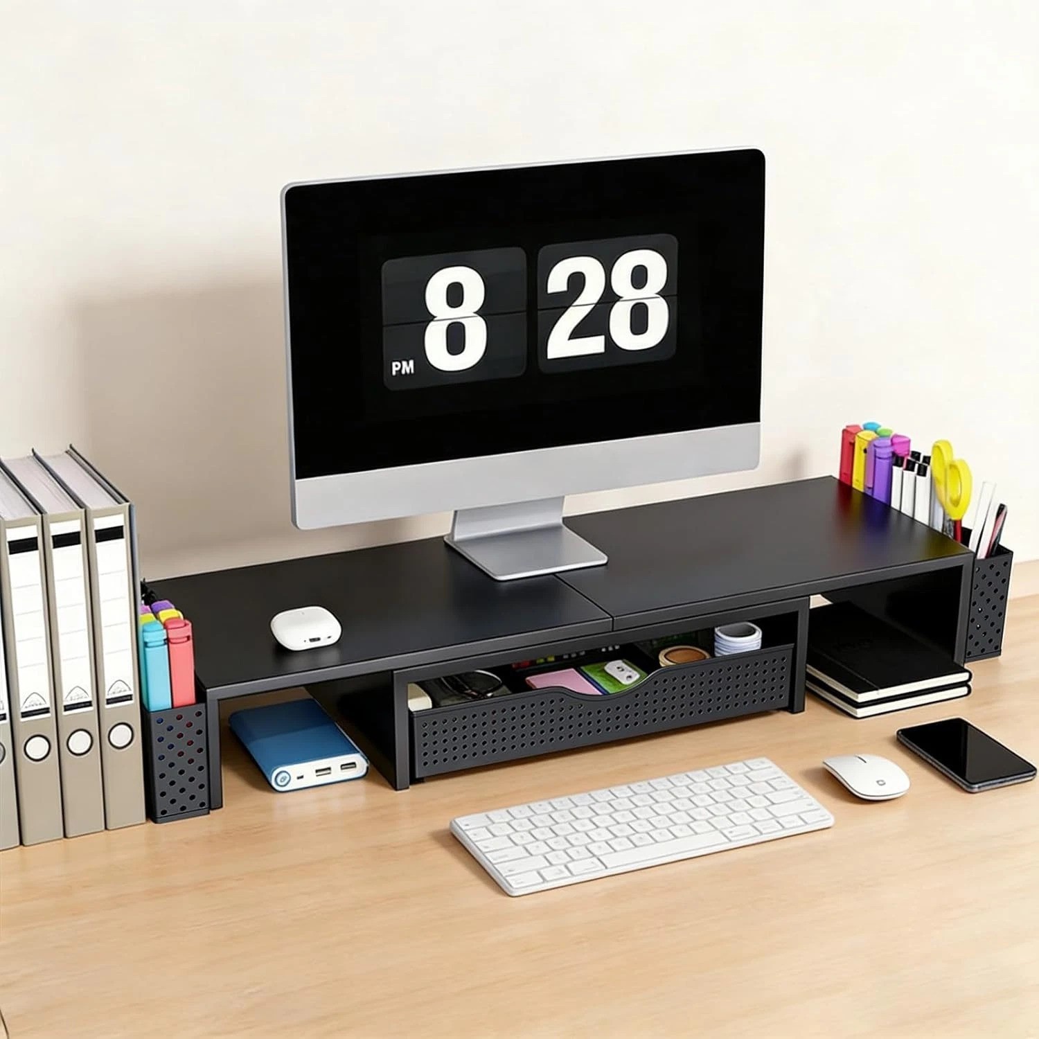 Ergonomic Dual Monitor Stand with Drawer & Pen Holders – Black Desktop Organizer