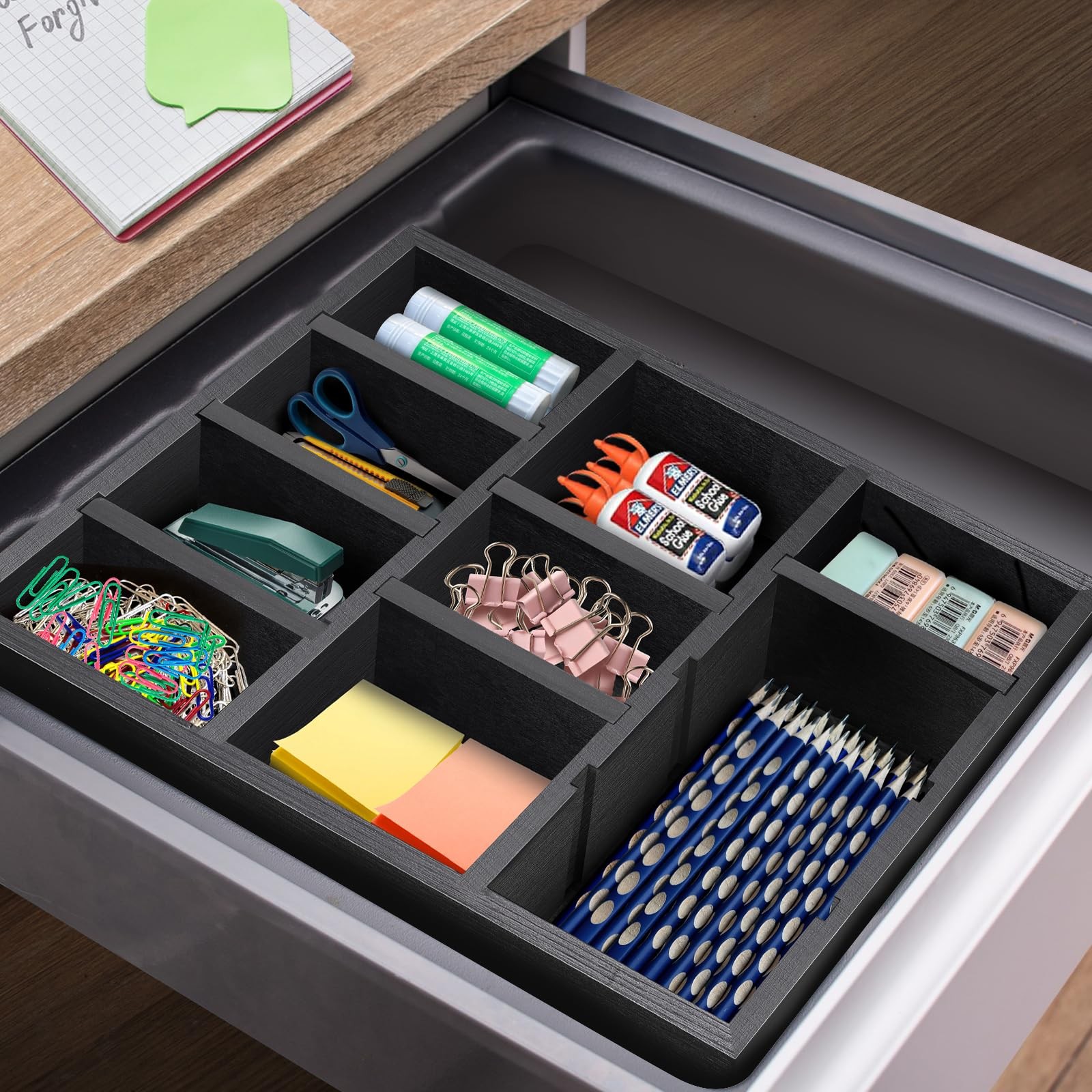 Wooden Desk Drawer Organizer 9Slot Natural Wood Tray Box Decor 12×9 Inch