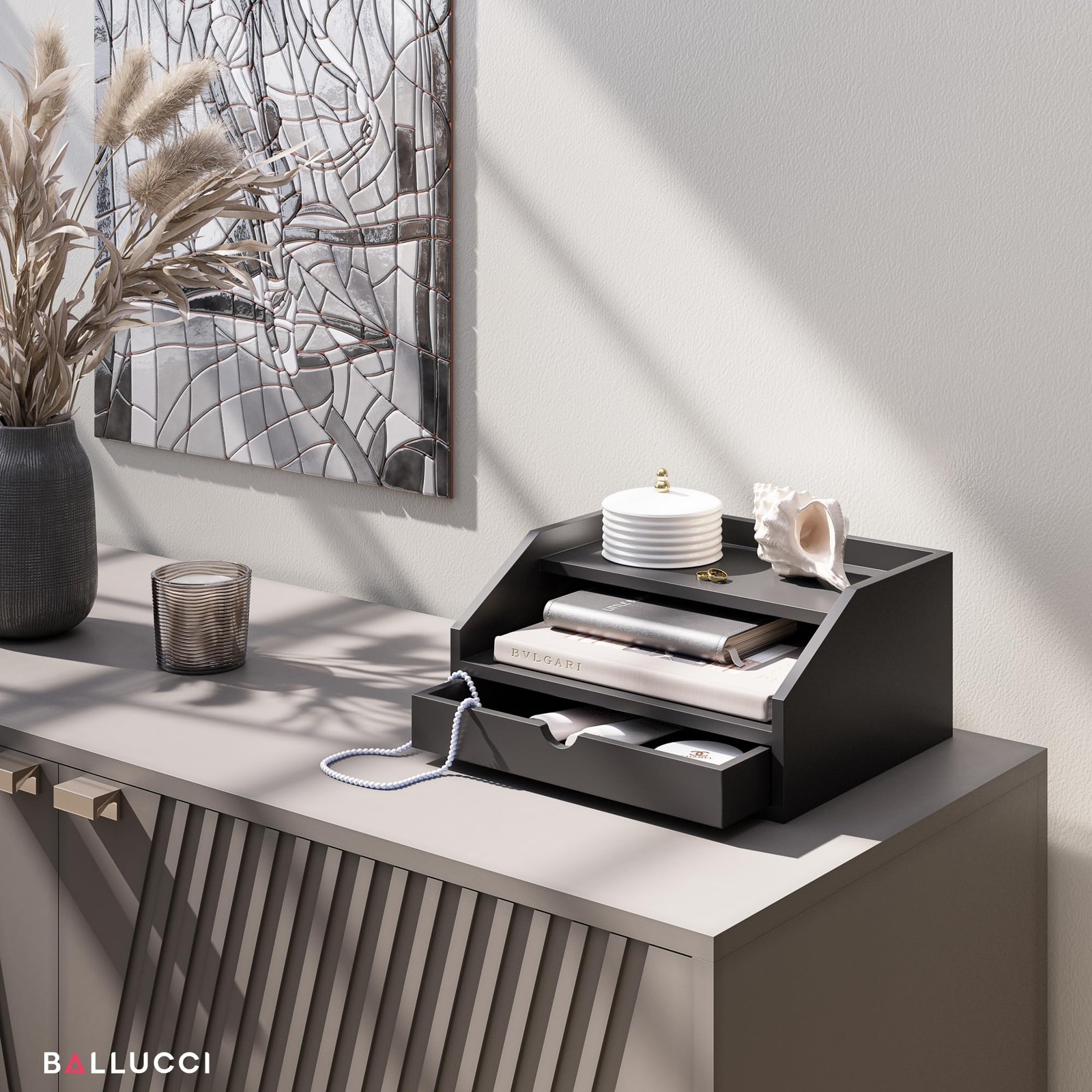 Ballucci Desk Organizer with Drawer, 3 Tier Paper, Office Supplies and File Orga