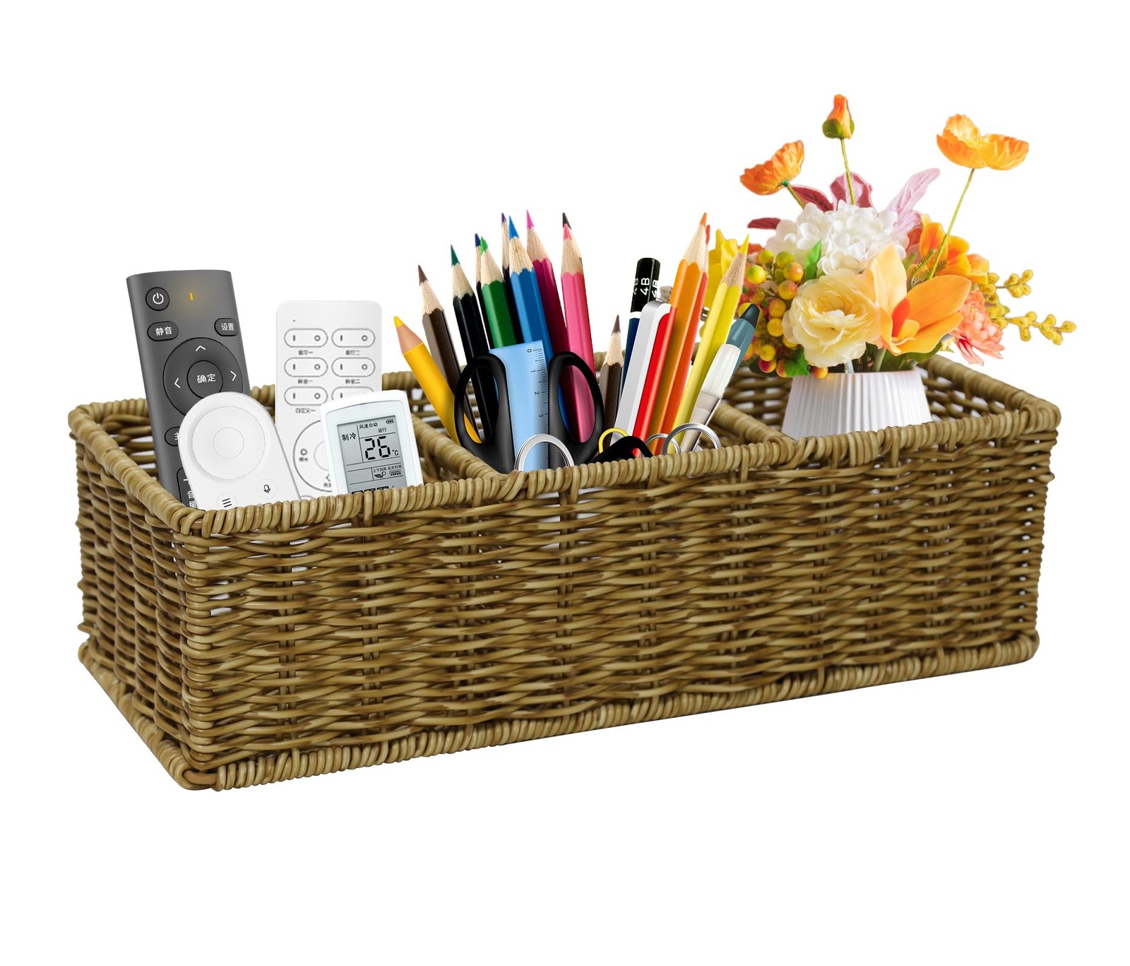 3 Compartment Wicker Remote Holder, Handwoven, Desk Caddy, Makeup,Storage,Basket