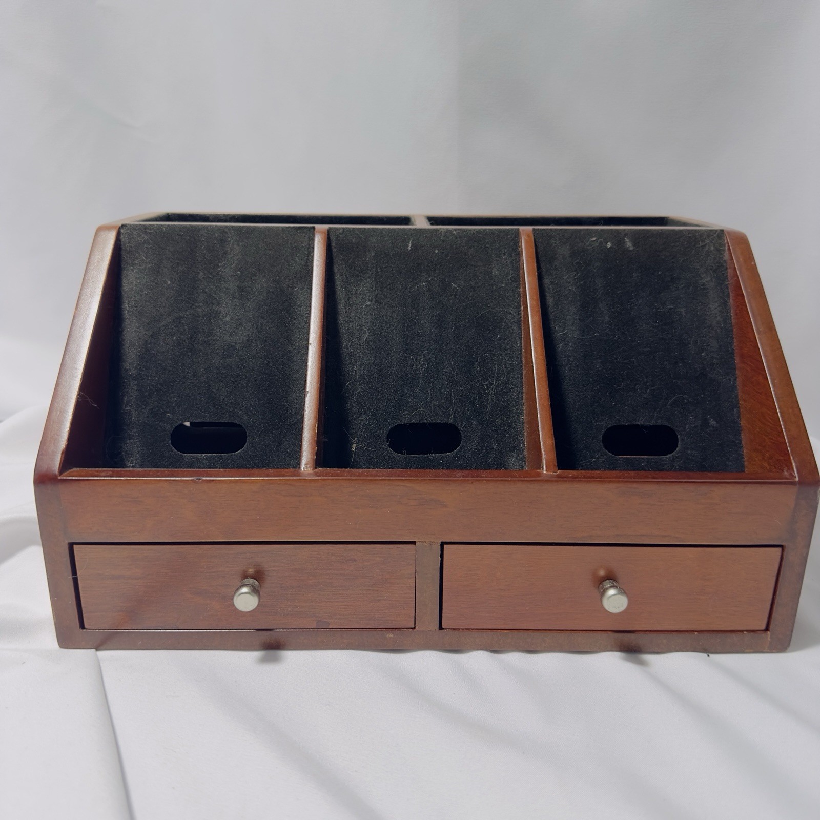 Vtg Wooden Office Desk Top Organizer Stationary 2 Drawer 5 Slots Felt Lined