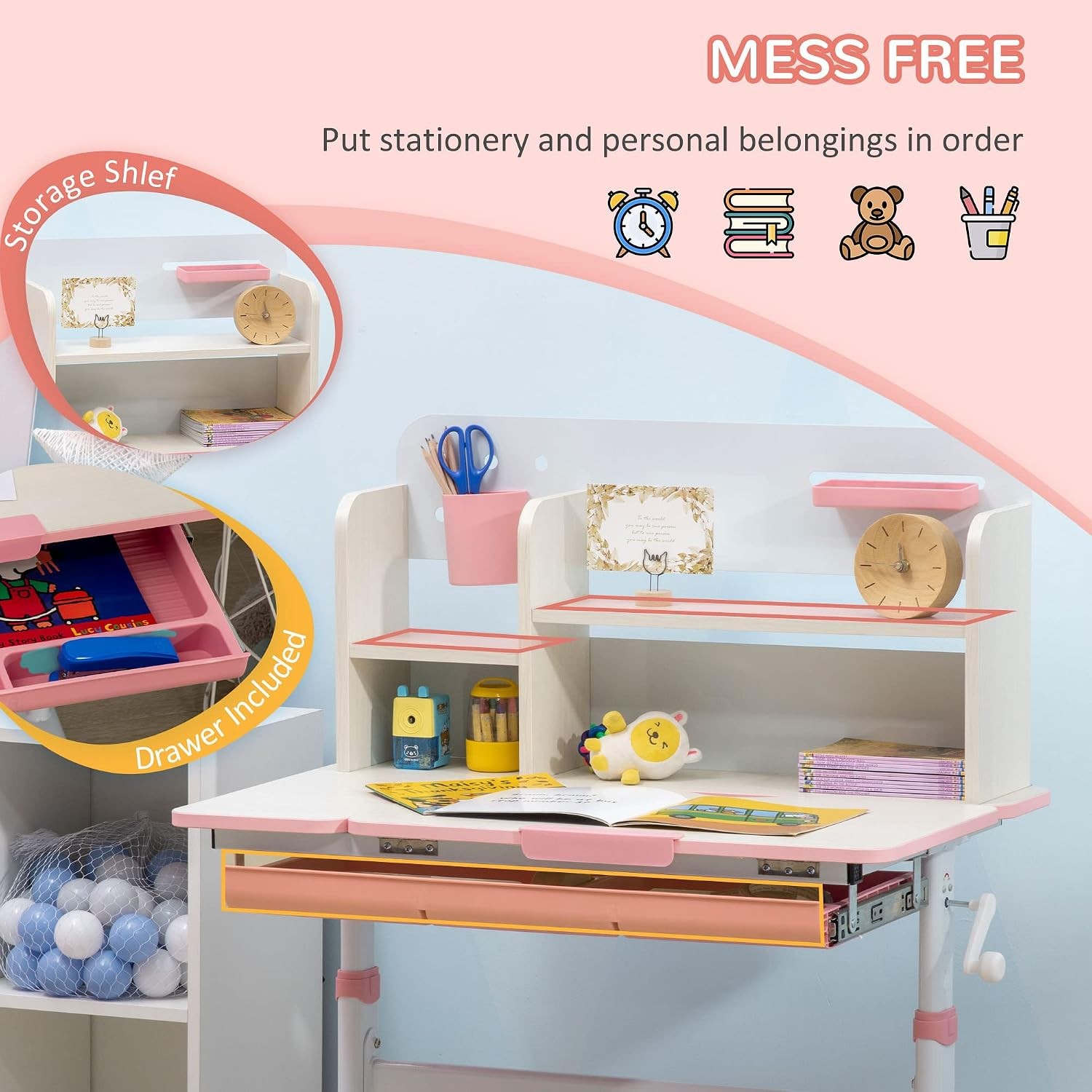 Wooden Kids Study Desk Height Adjustable Children School Study Table Student