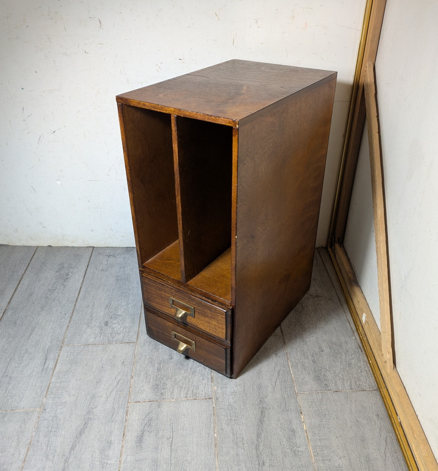 Vintage Wood Desktop Library Organizer Index Card Letter File Box Cabinet Drawer