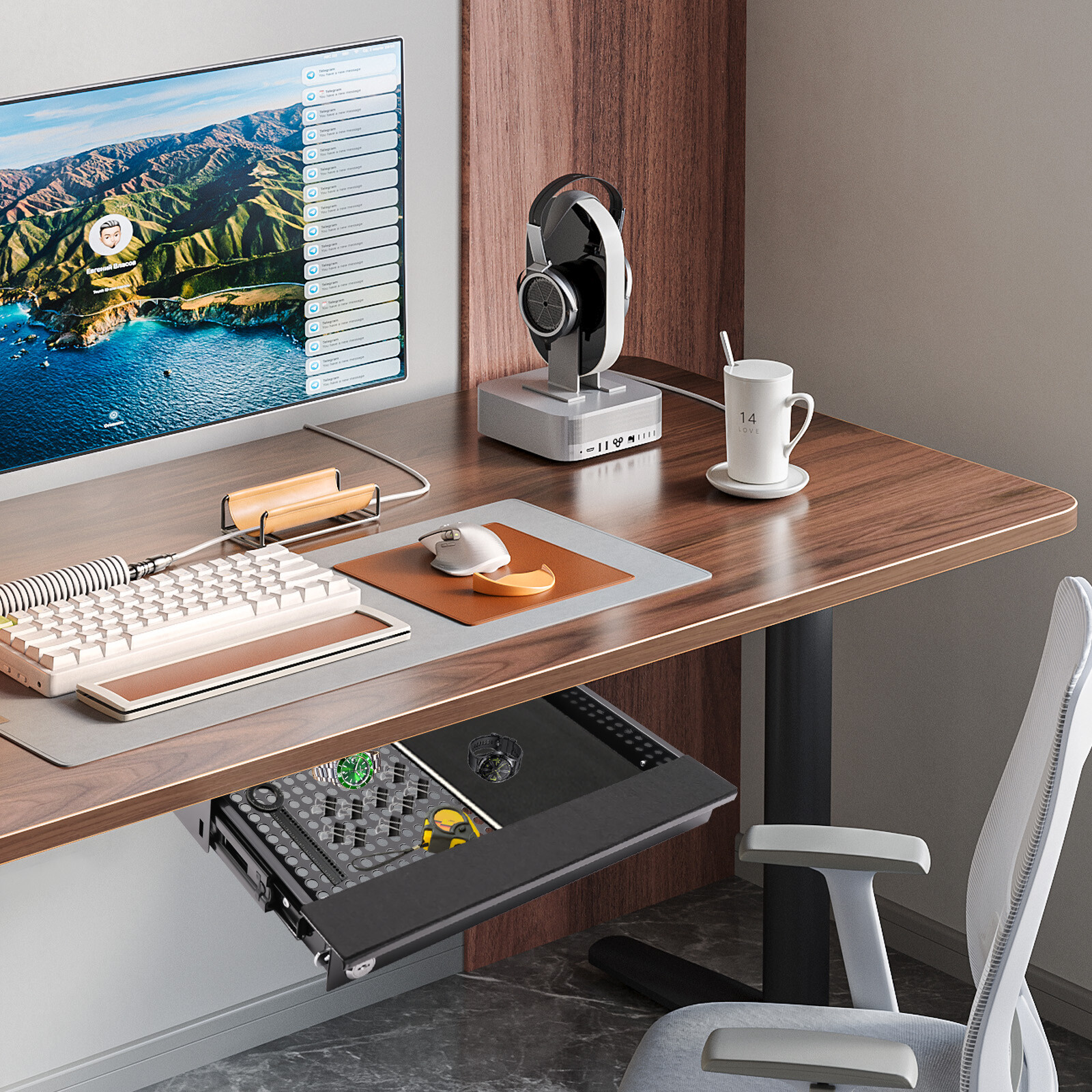 14?? Modern Sliding Pull-out Drawer Storage Organizer for Standing Desks Black