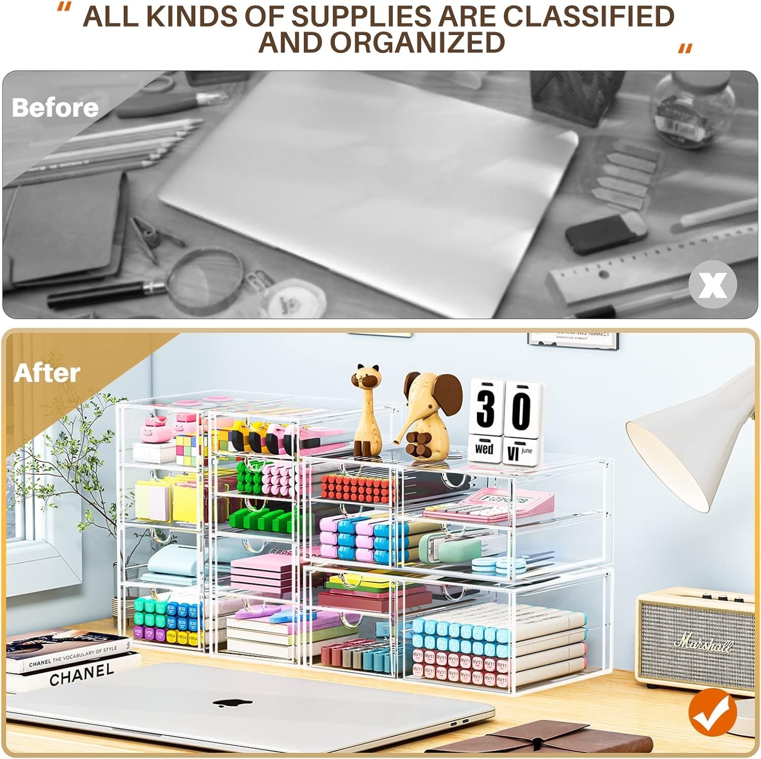 Makeup Organizer Storage With 16 Drawers, 4 Pcs Desktop Office Supplies, Desk