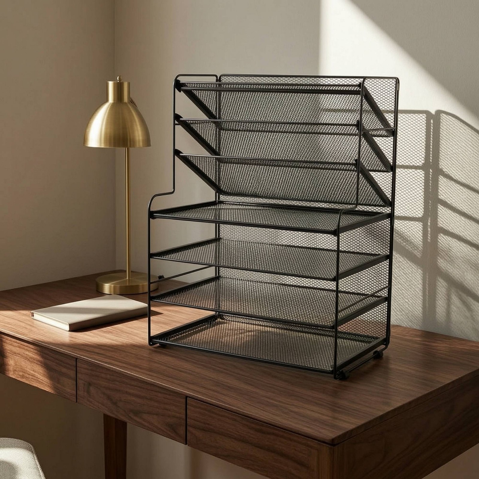 Document Rack with Side Baskets Slanted Mesh Desk Organizer Stepped for