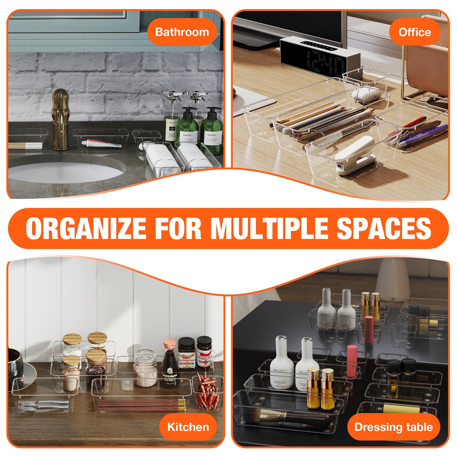 ValueMax 9 PCS Clear Plastic Drawer Organizers Set with Non-Slip Transparent