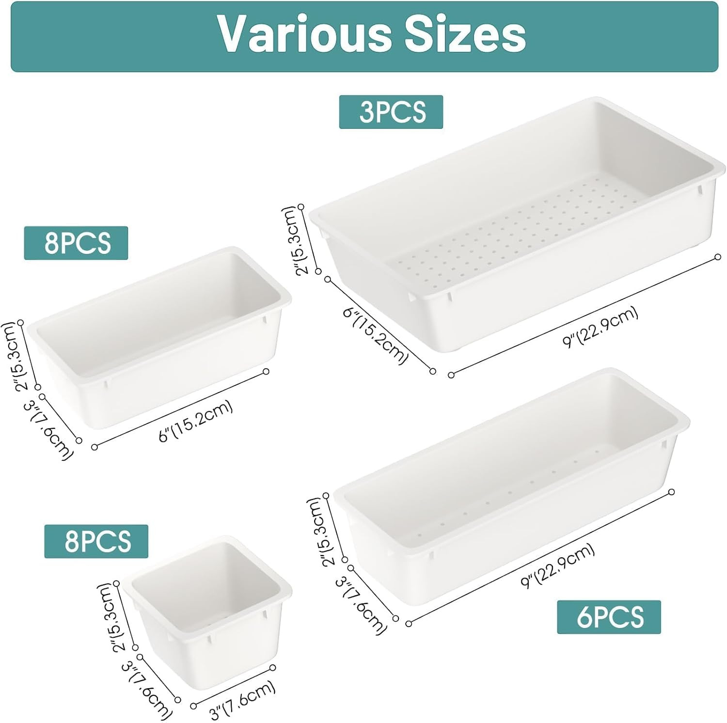 25 Pc White Plastic Drawer Organizer Set 4 Sizes for Desk Makeup Jewelry