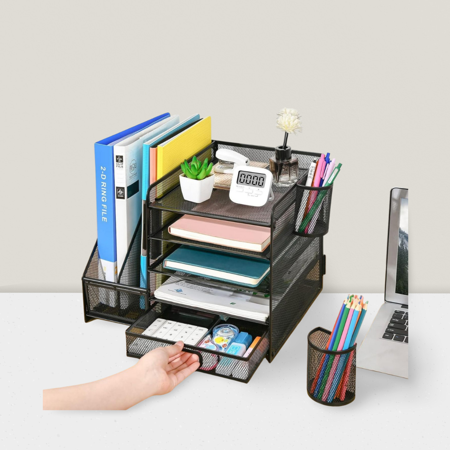 Desk Organizer with File Holder 5-Tier Tray Drawer Pen Holder for Office Black