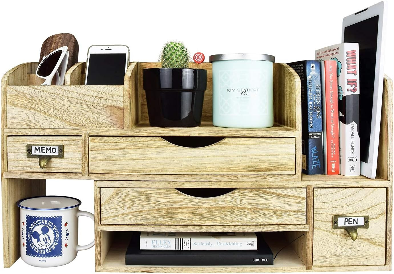 Large Extendable Wooden Desktop Organizer for Office Supplies, Storage Shelf Rac