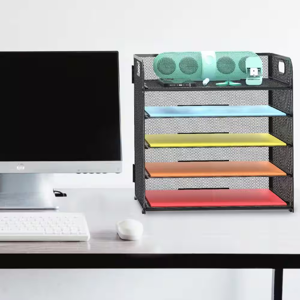 12.5 in X 13.5 in Black Metal Letter Tray 5-Tier Desk Organizer File Paper Holde