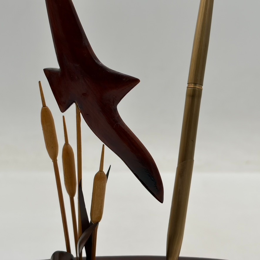 VTG Burl Wood Cattail Bird Desk Organizer Box Brass Pen Holder Mid Century MCM