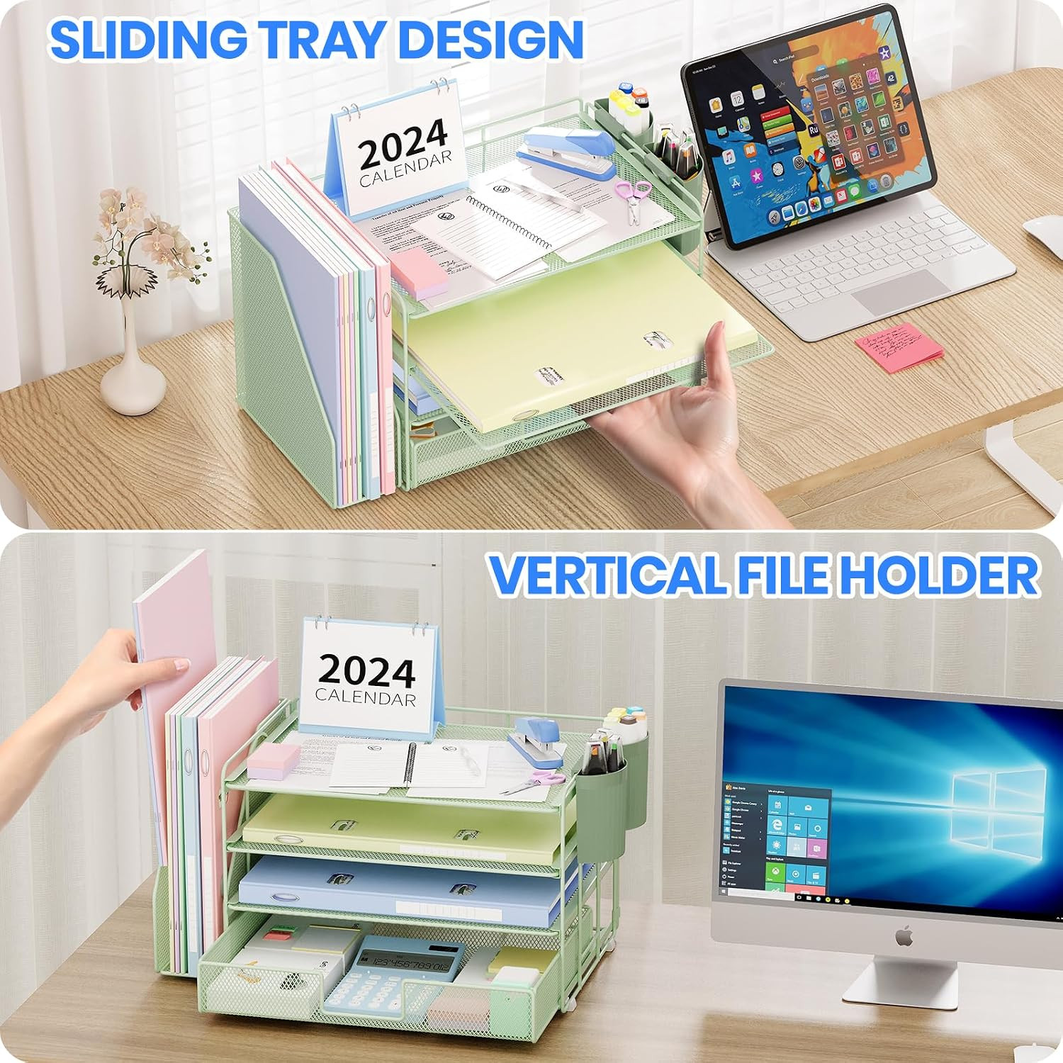Desk Organizer, 4-Tier Desktop File Organizer with Drawer and 2 Pen Holders, Off