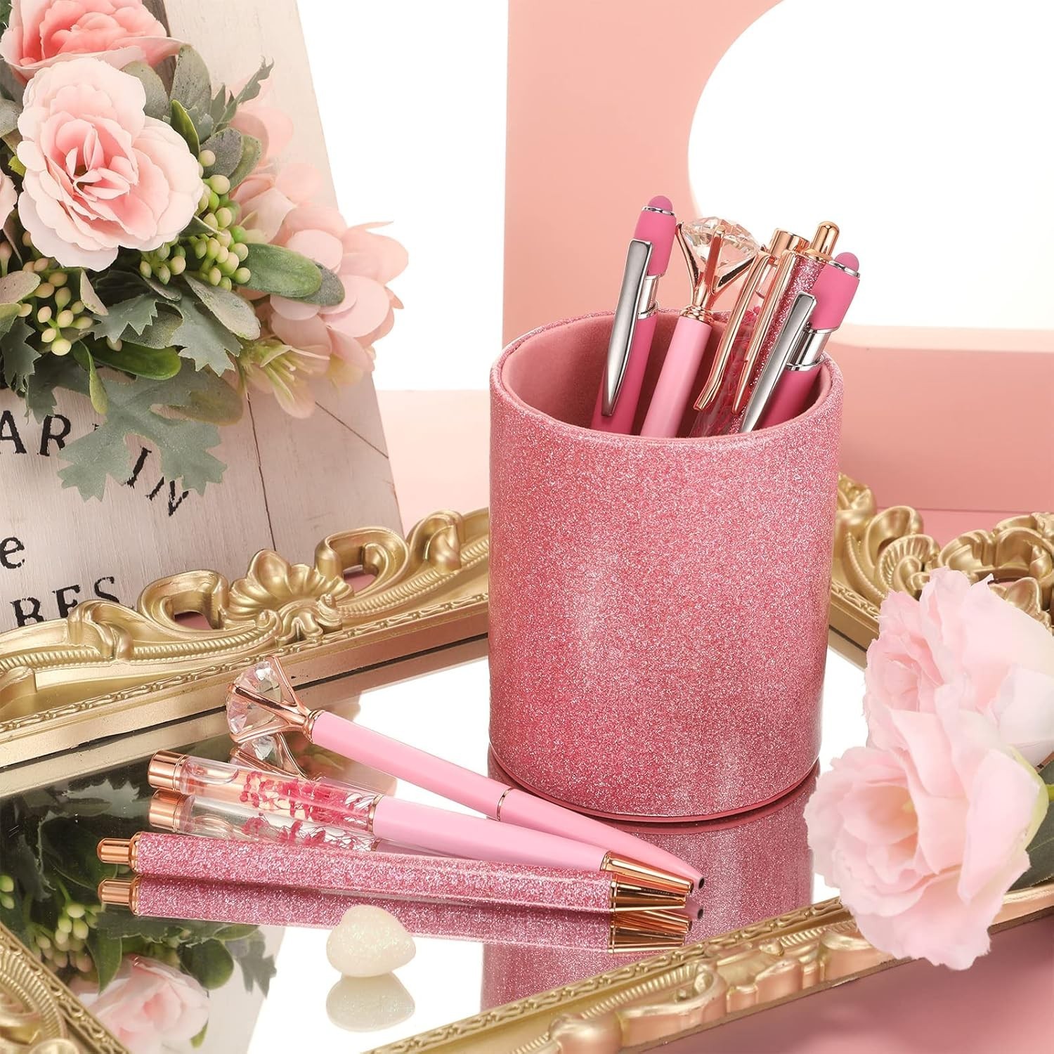 Chic Pink Pen Organizer with 8 Bling Ballpoint Pens – Ideal for School & Office