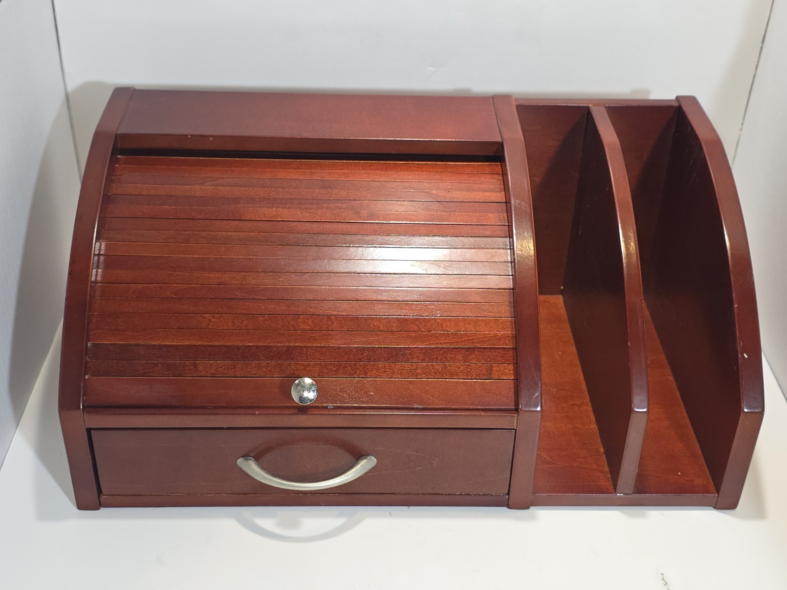 Mahogany Desk Organizer w/ Roll-Top Storage & Drawer 15 × 8