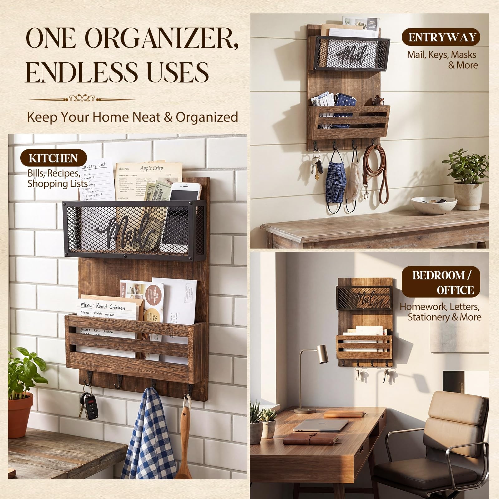 Mail Organizer Wall Mount with Key Hooks, 2-Slot Wood Mail and Key Holder, Ru…