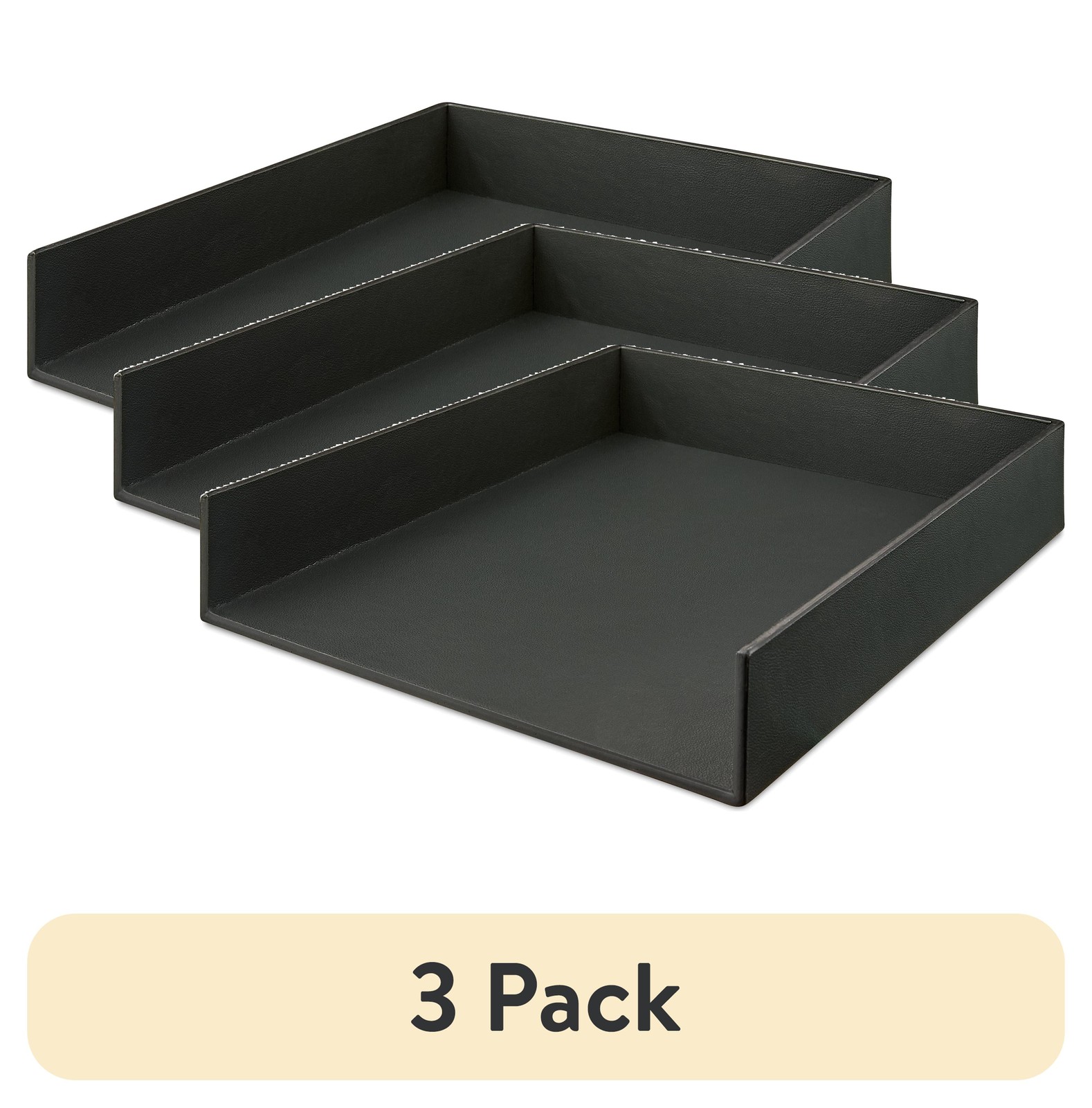 (3 pack)Simulated Leather Letter Tray, 10 in x 12 in x 2 in, Rich Black