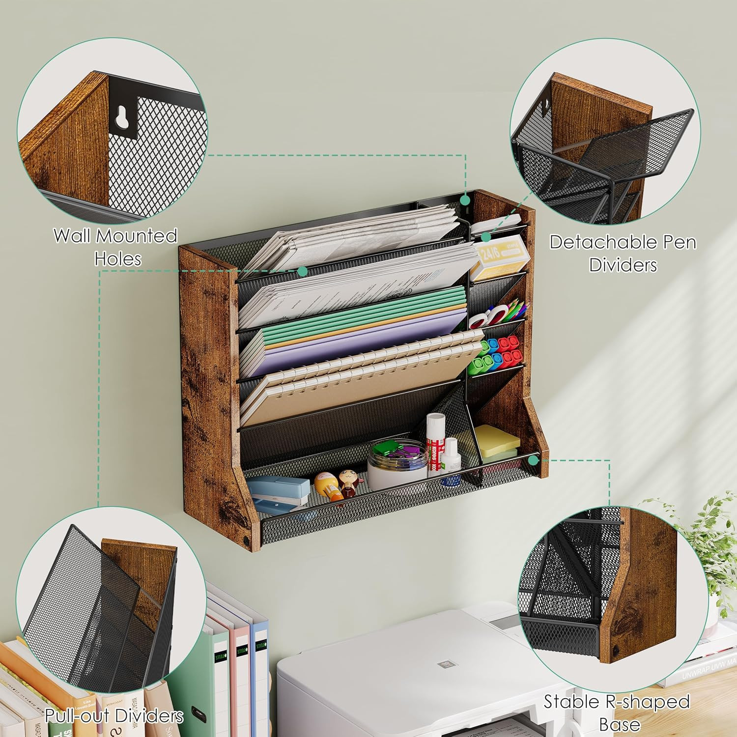 Jakyitvi 5 Tiers Ironwood Wall Desk File Holder Organizer Organizer, Brown | Adj