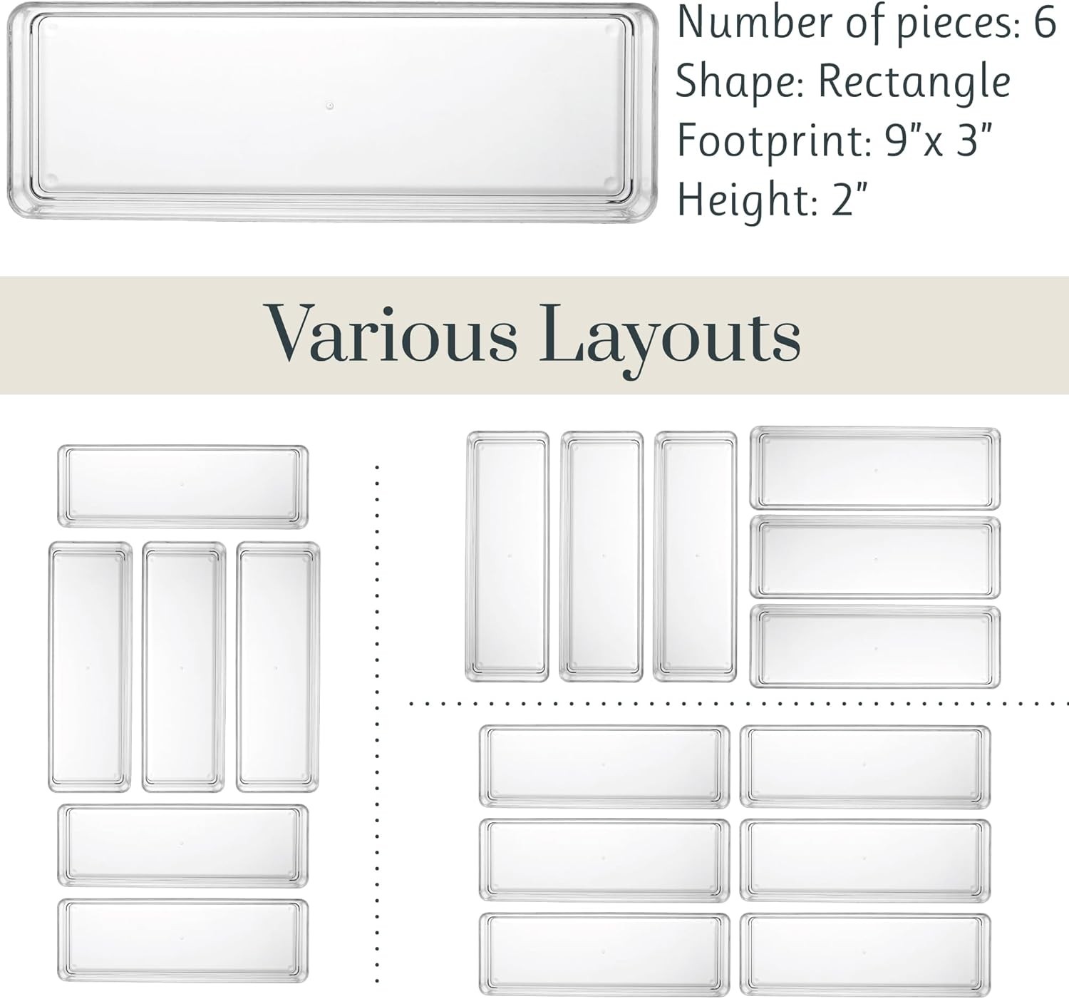 SimpleSort 6-Piece Stackable Clear Drawer Organizer Set | 9″ x 3″ x 2″ Rectangle
