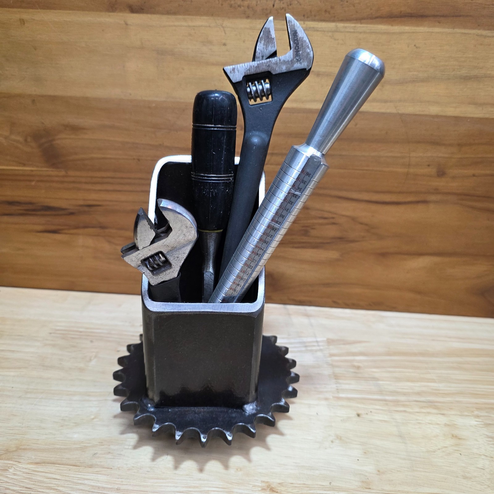 Industrial Steel Desk Organizer | Welded Reclaimed Gear Pen Holder