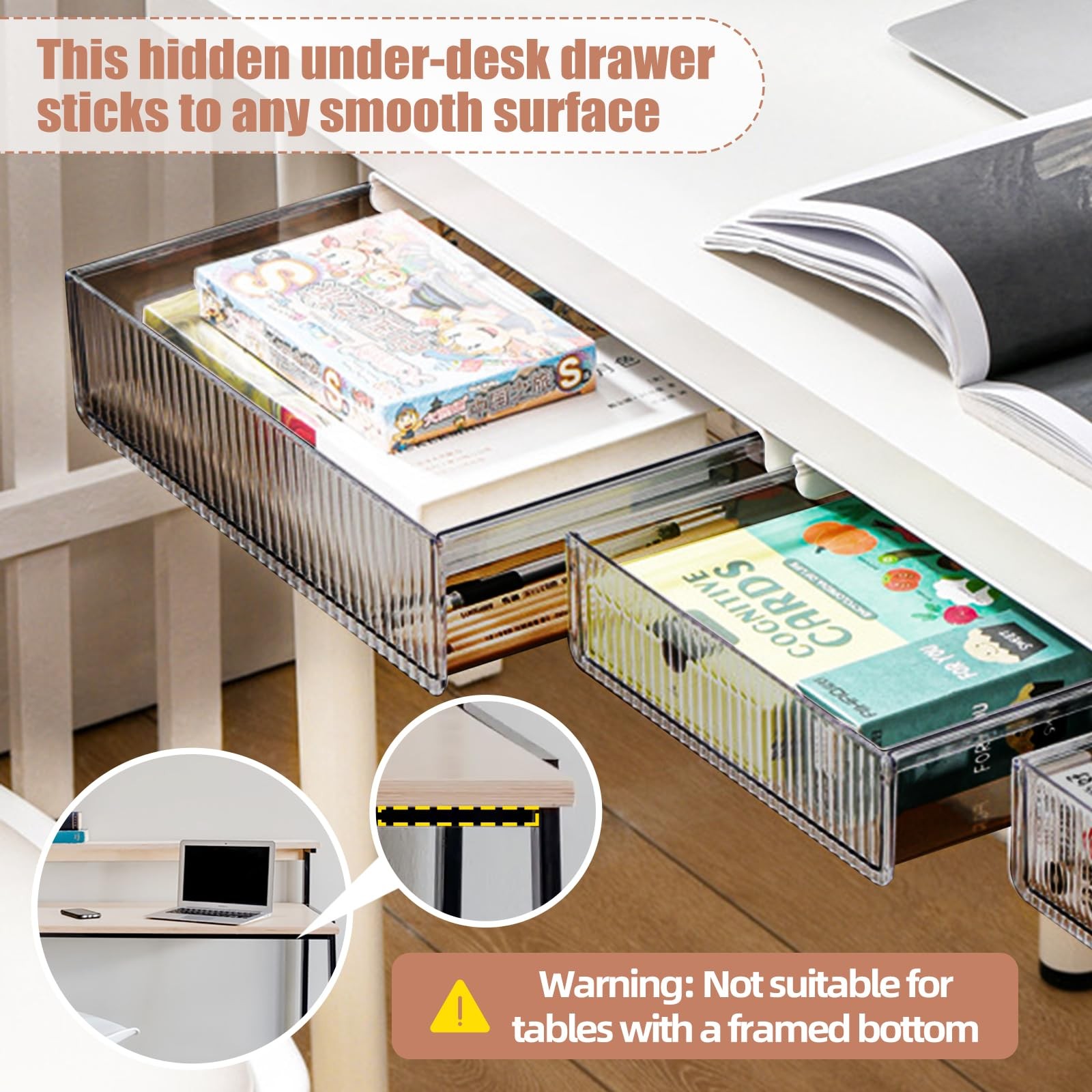 Transparent Black Under Desk Storage Drawers Slide Out Large Medium 2 PCS