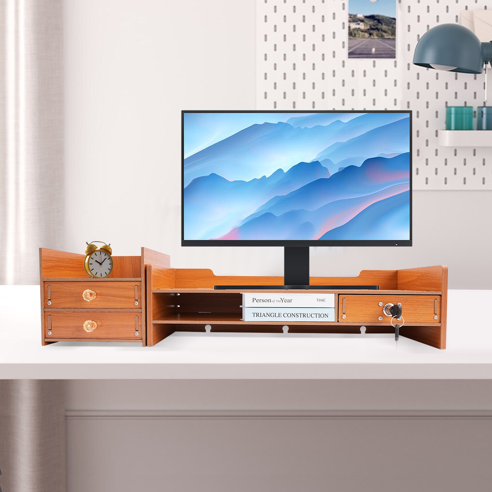 Wooden Desk Organizer with Drawers Office Supplies Computer Desktop Tabletop