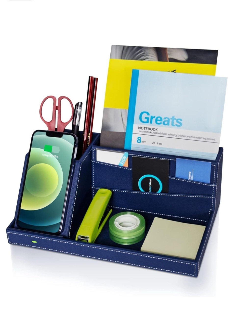Blue Faux Leather Desk Organizer w/ Wireless Charging (new in box)