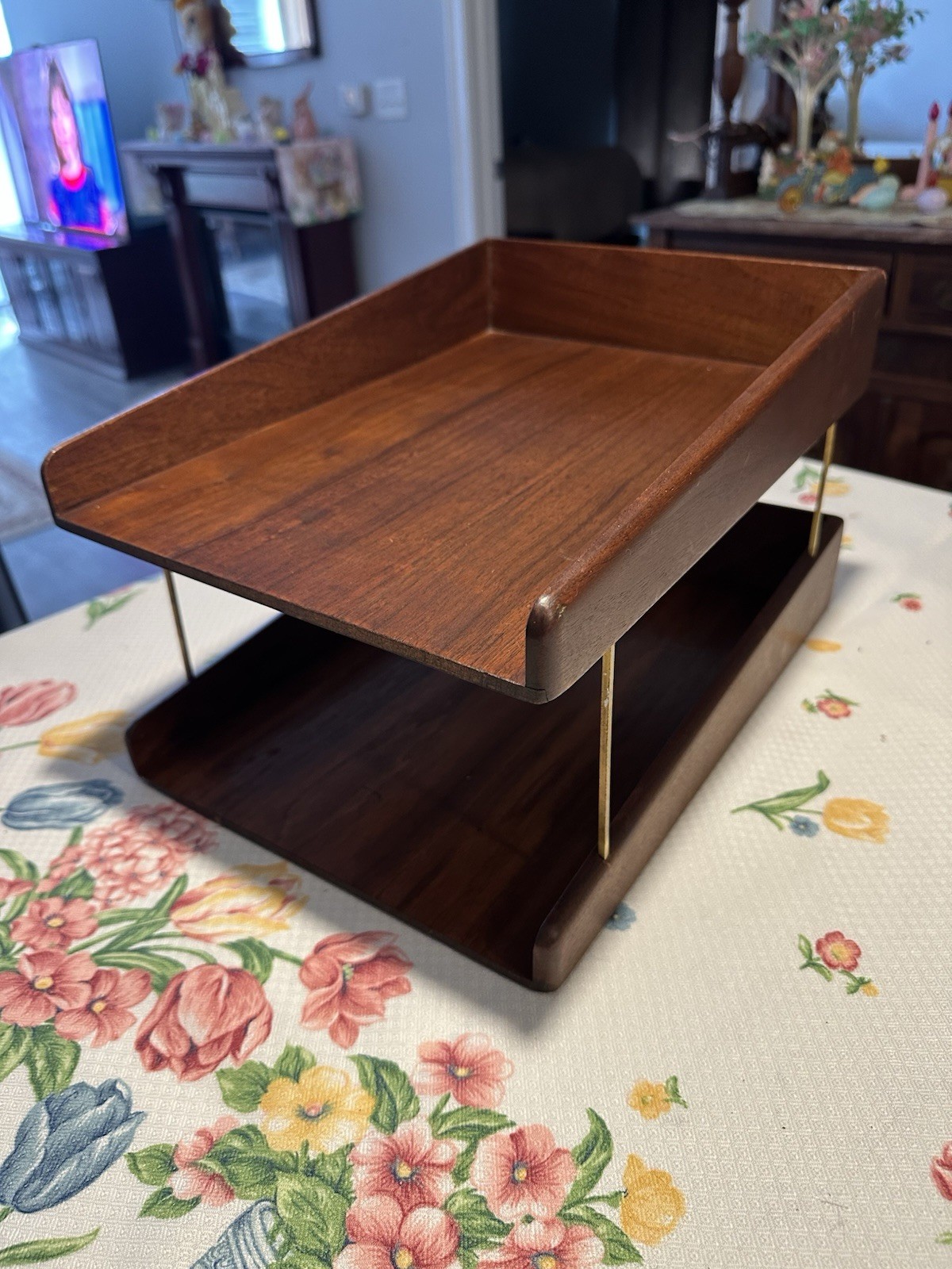 Vintage 60s MCM Midcentury Two Tier Walnut Letter Tray Brass File Holder Wooden