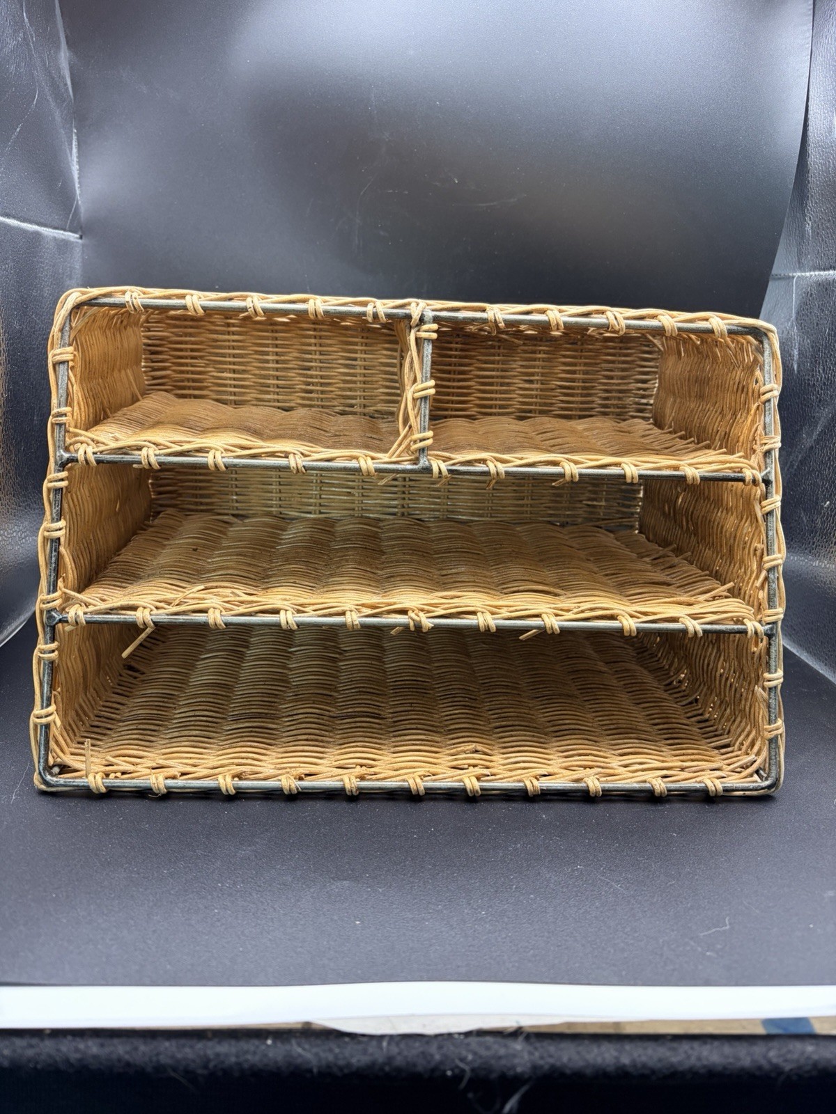 Vintage Wicker Rattan Desk Mail Organizer work Office Cottagecore Boho