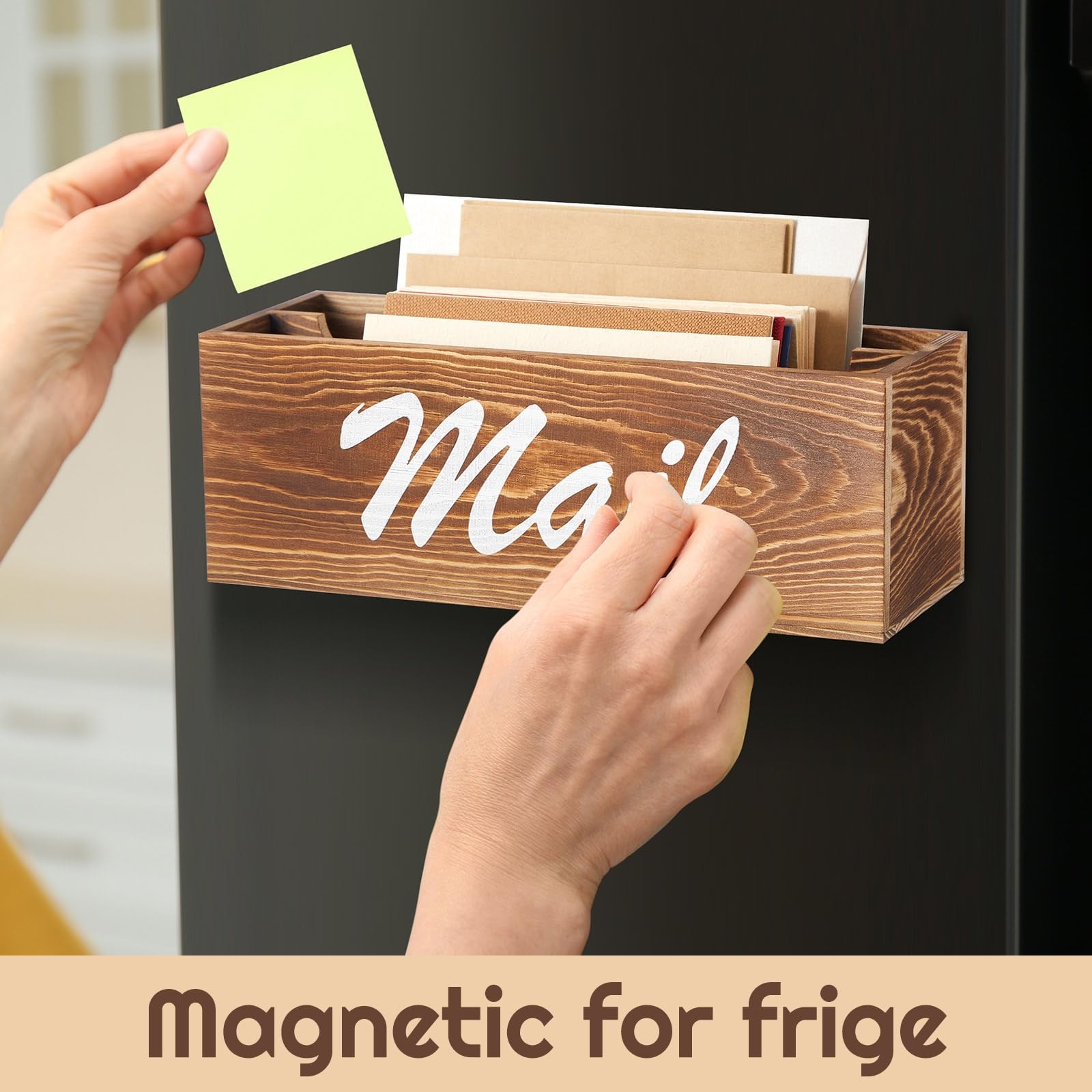 Wood Magnetic Mail Organizer Farmhouse Mail Holder for Fridge Rustic Paper Ba…