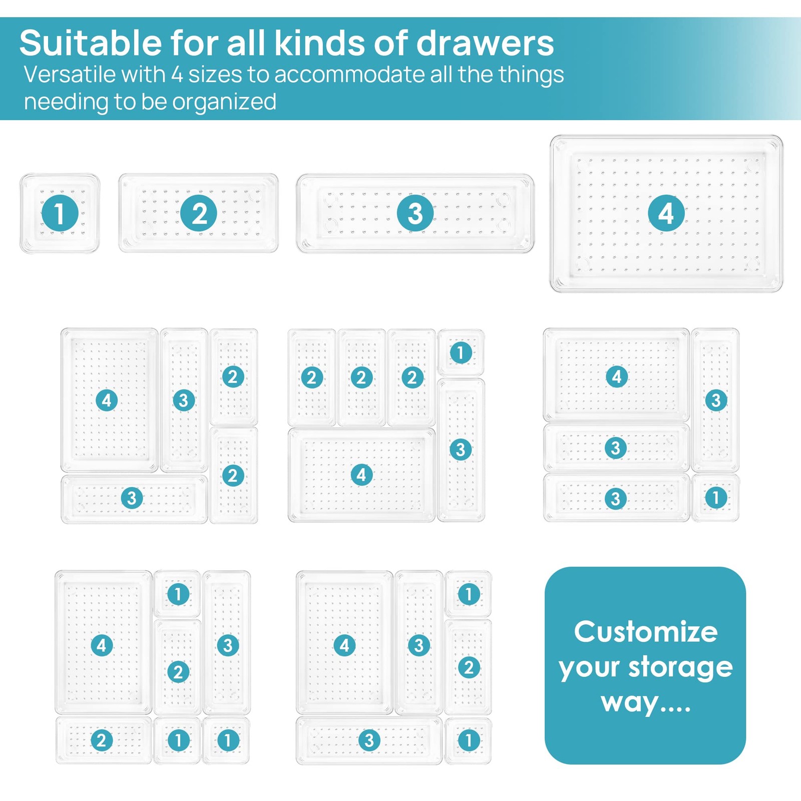 Vtopmart 25 PCS Clear Plastic Drawer Organizers Set, 4-Size Versatile