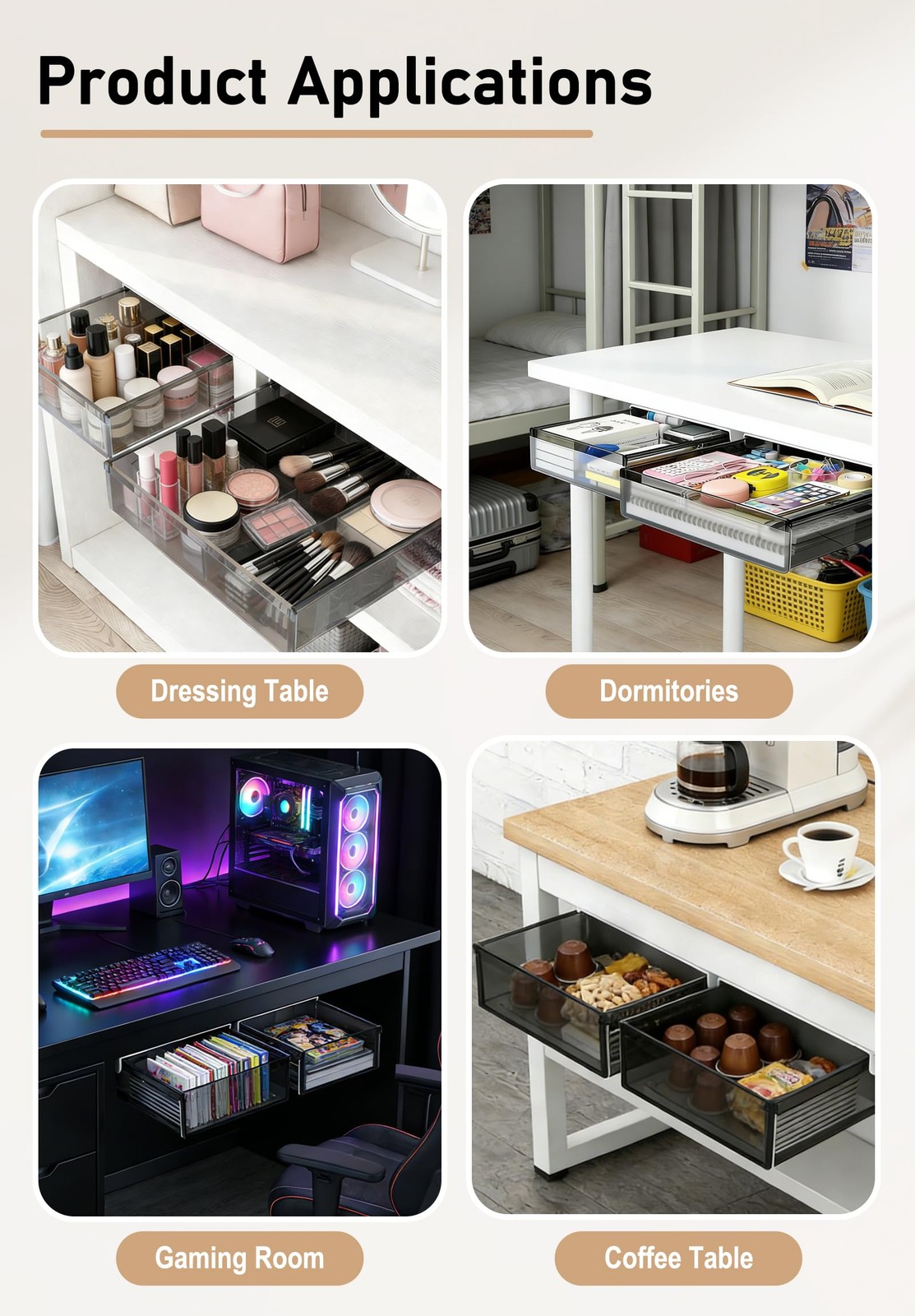 Under Desk Drawer Set of 2, Smooth Slide-Out Storage (Medium/Small), Thick PE…
