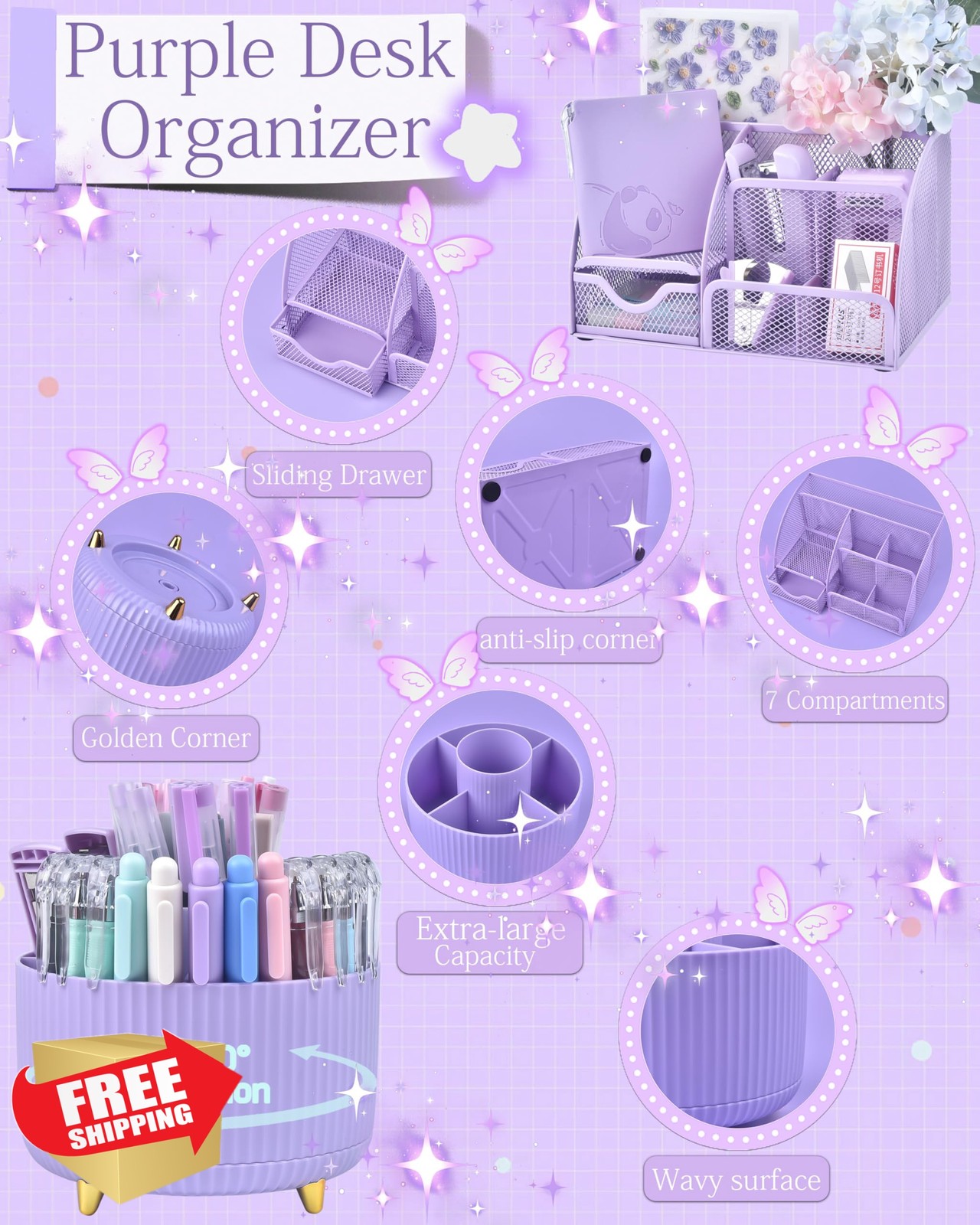 Vamrak Desk Organizer Purple Rotating Pen