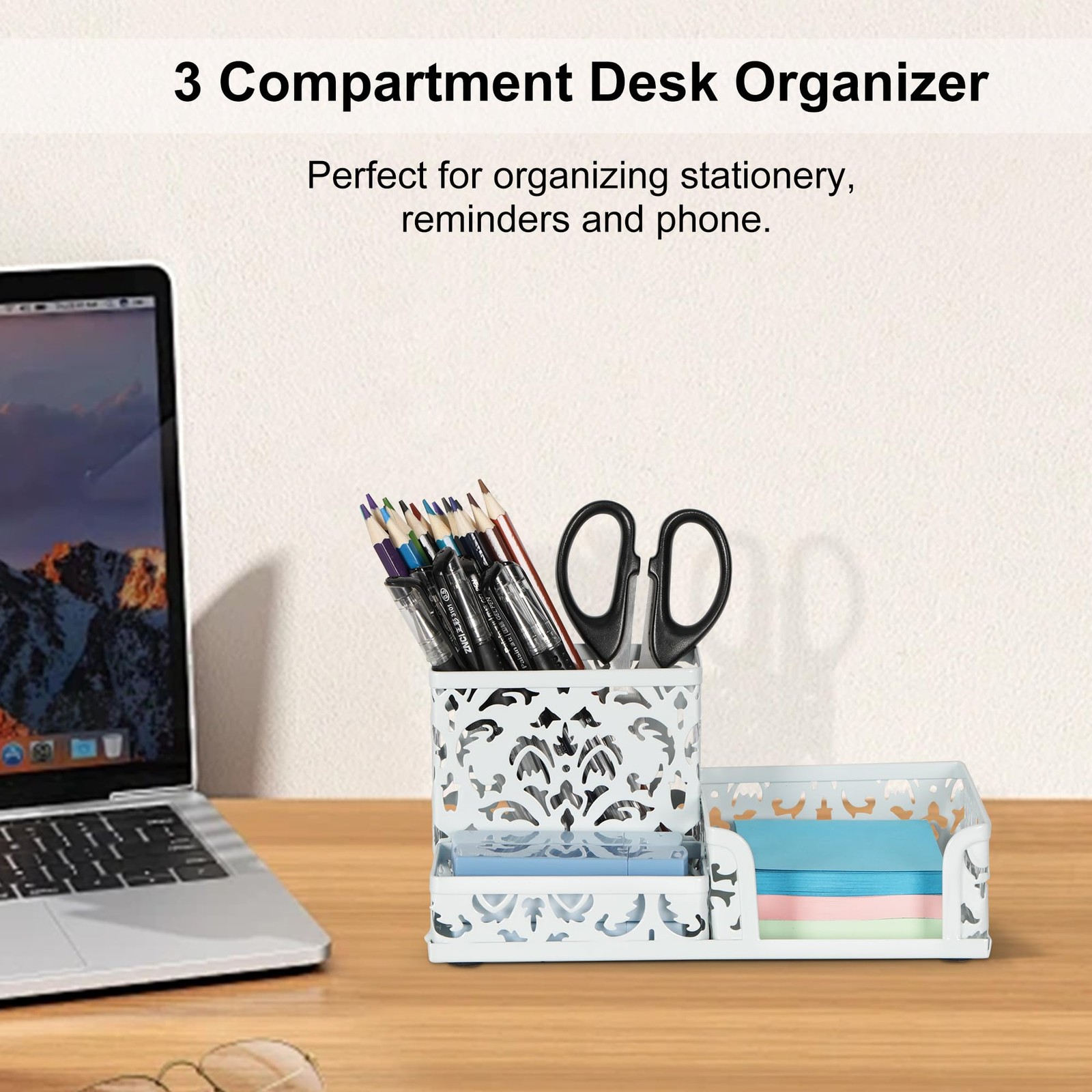 Desk Organizer with 3 Compartments Pencil Holder Sticky Note Tray White
