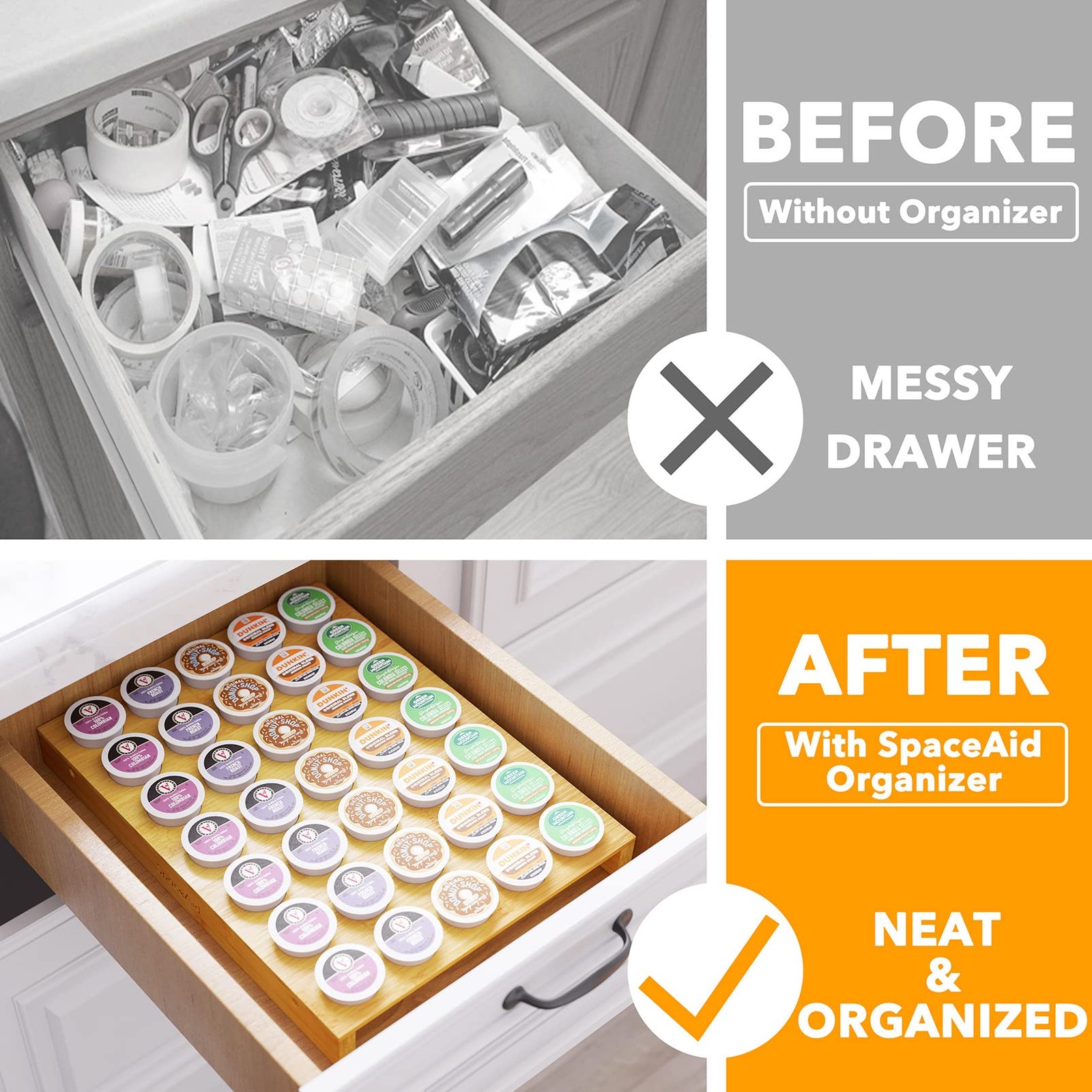 SpaceAid Bamboo K Cup Drawer Organizer Insert, Kitchen K Cups Coffee bamboo