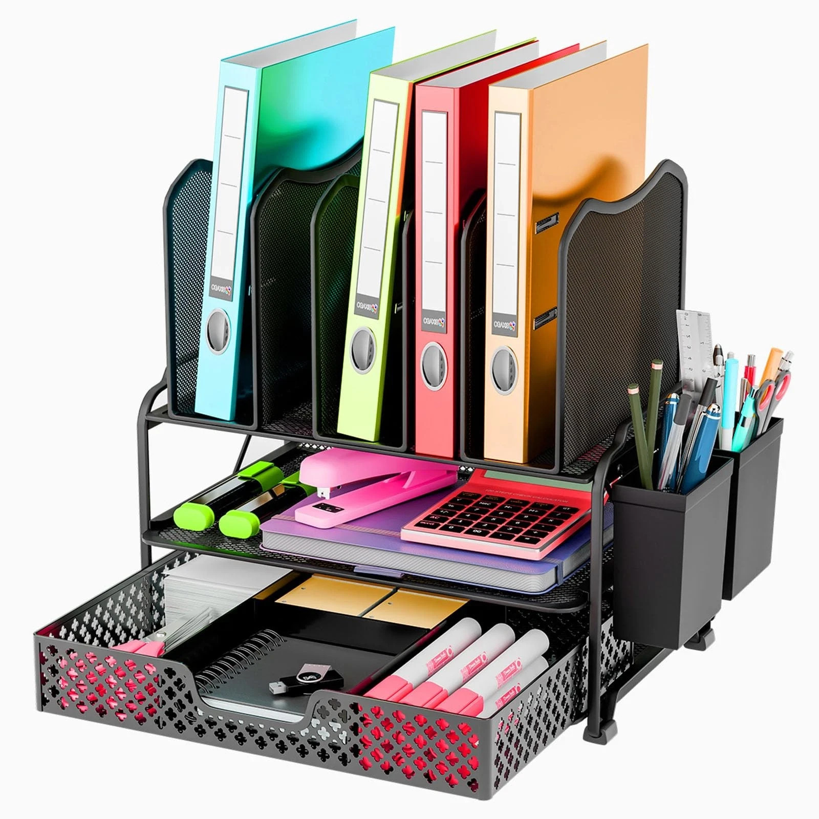 Desk File Organizer with Sliding Drawer Metal Mesh Double Tray and 5 Upright