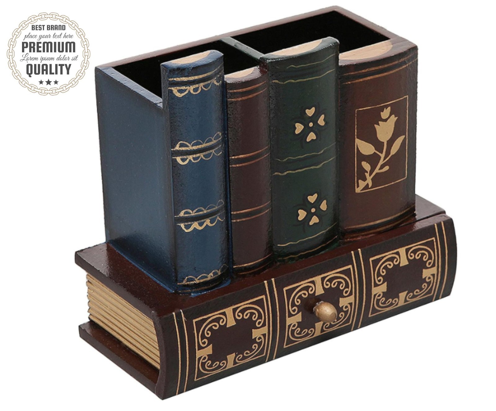 Antique Book Design Desk Organizer Wood Pencil Pen Holder w Drawer Brown