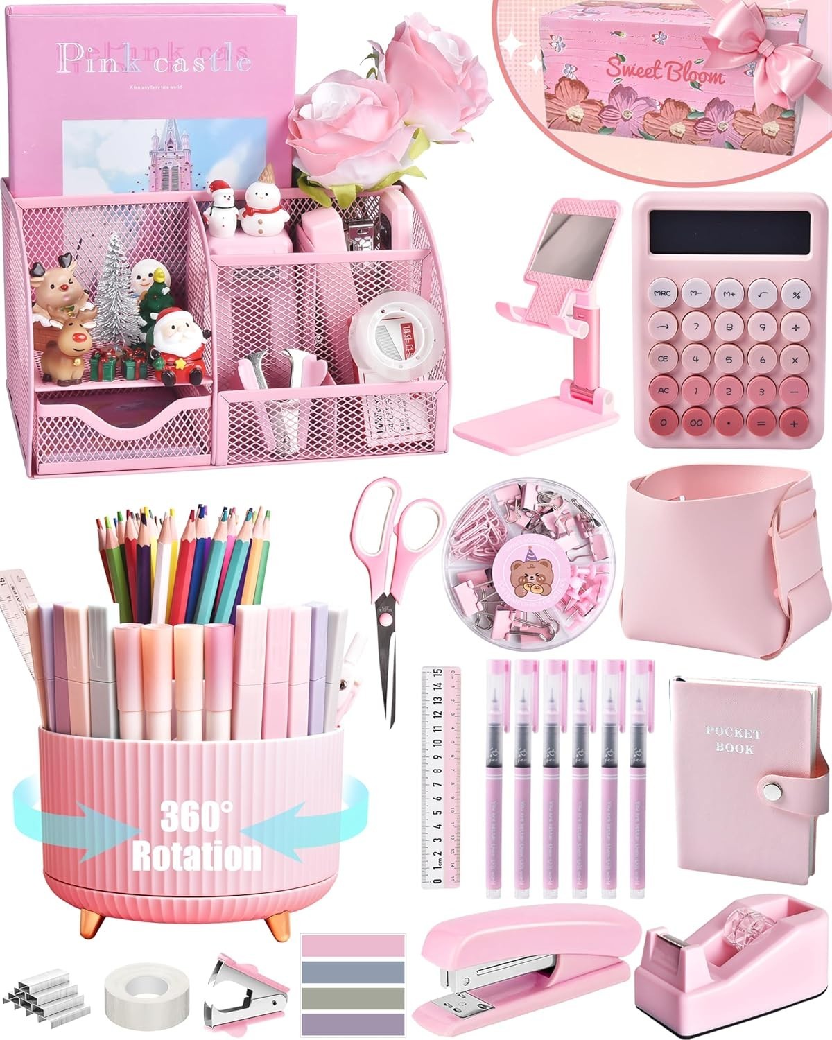 21Pcs Pink Desk Organizers and Accessories With Mesh Desk Organizer and 360°R…