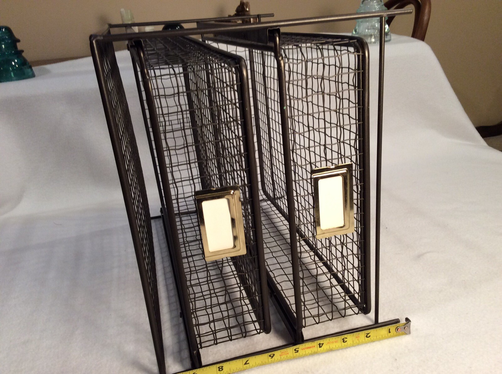 Vintage Metal Wire Office Desk Top File Paper Double Sliding Basket Storage Bin