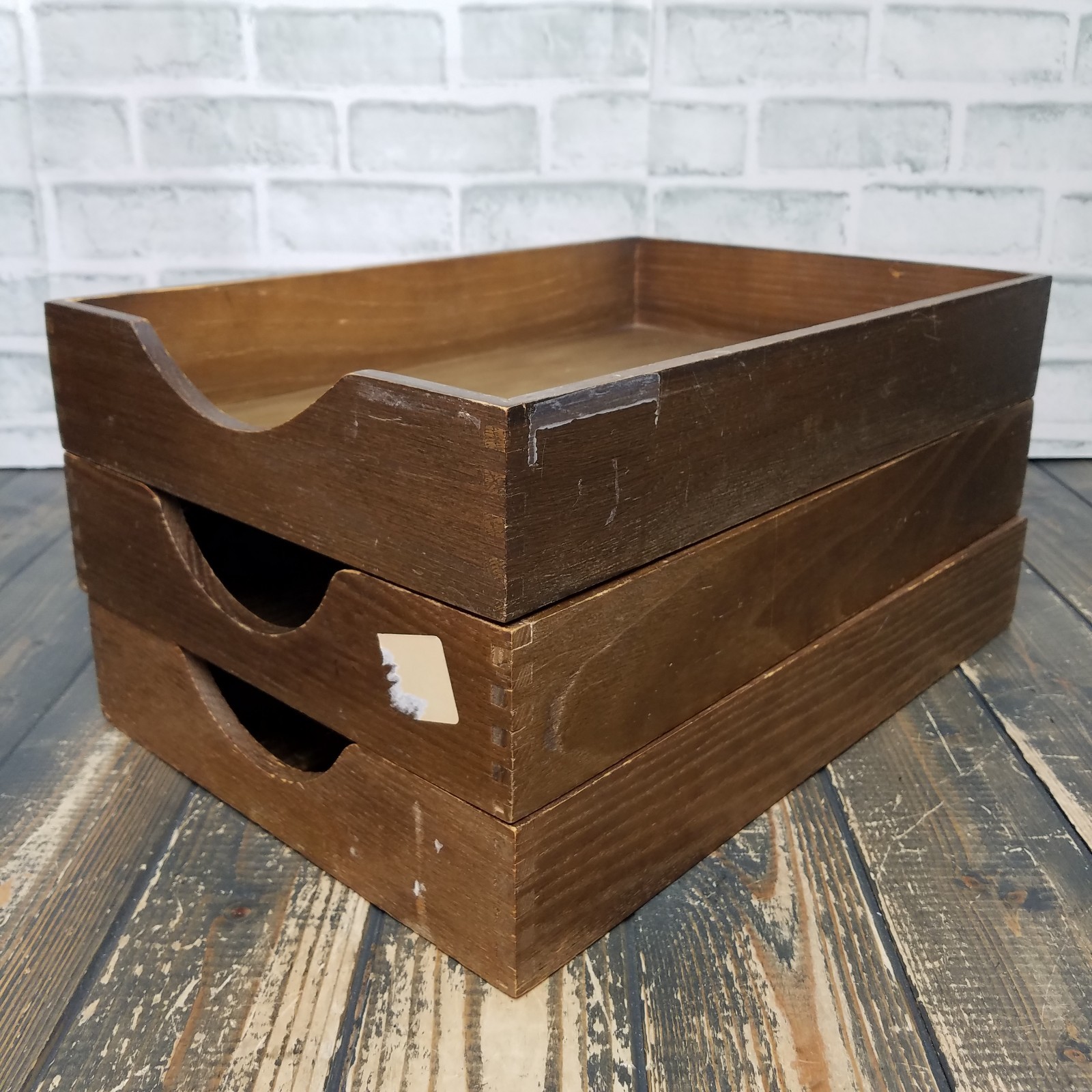 LOT 3 Vintage Wood Desk LEGAL Organizer Tray Dovetail Wood Office In Out Box #32