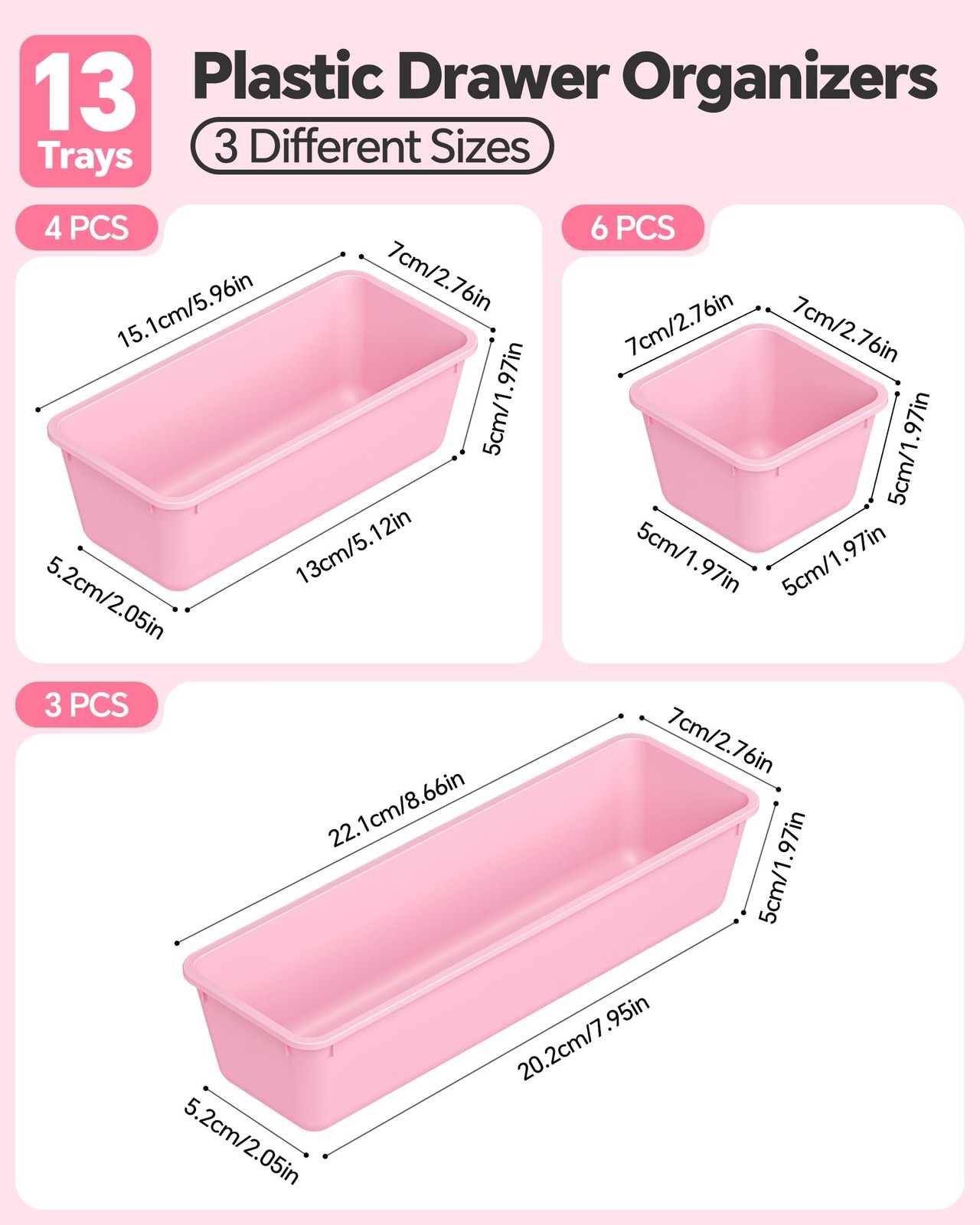 Canfanni 13 Pack Plastic Drawer Organizers Set, 3 Sizes Desk Pink