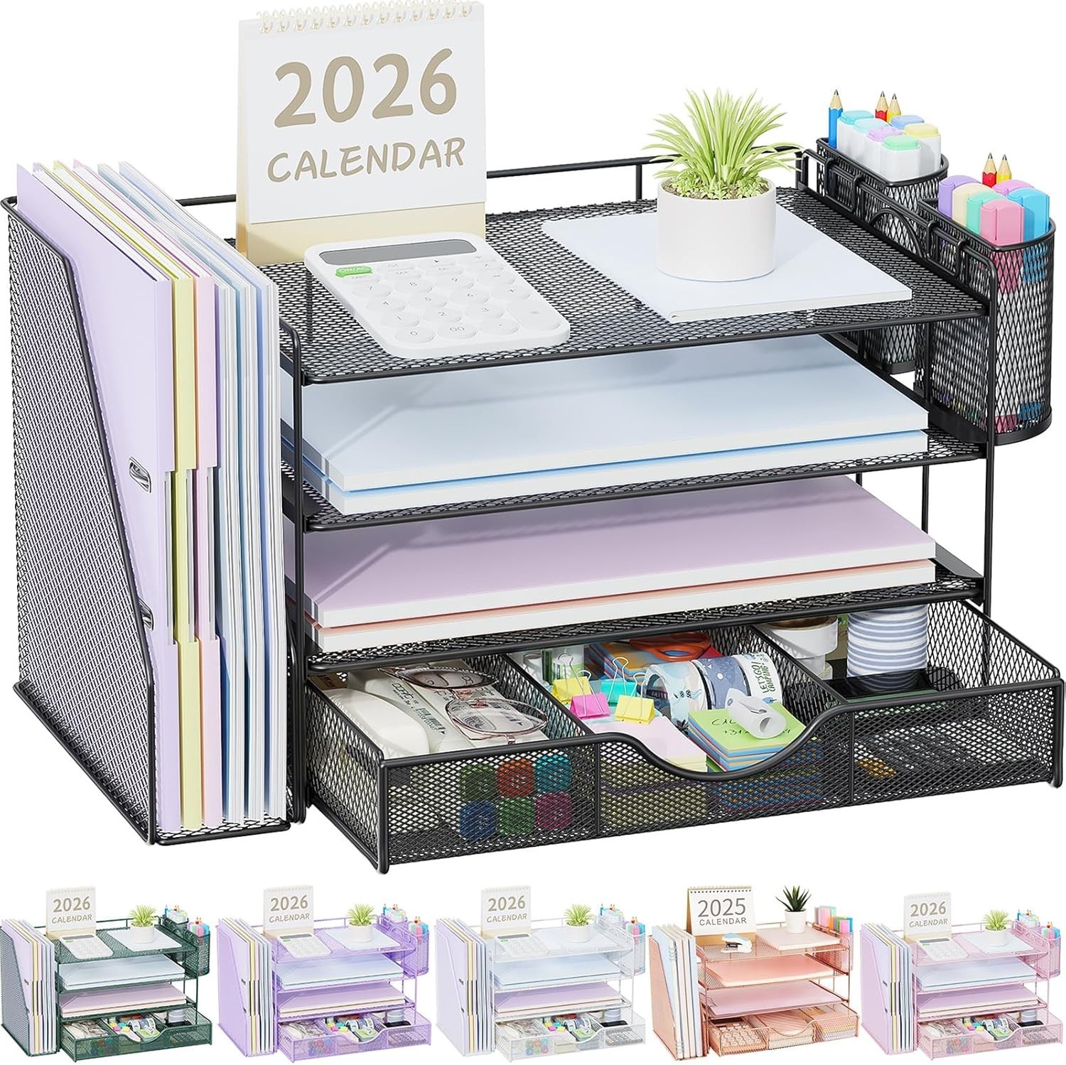 Durable Rust Resistant Black Desk Organizer with Drawer & Pen Holders, 4-Tier