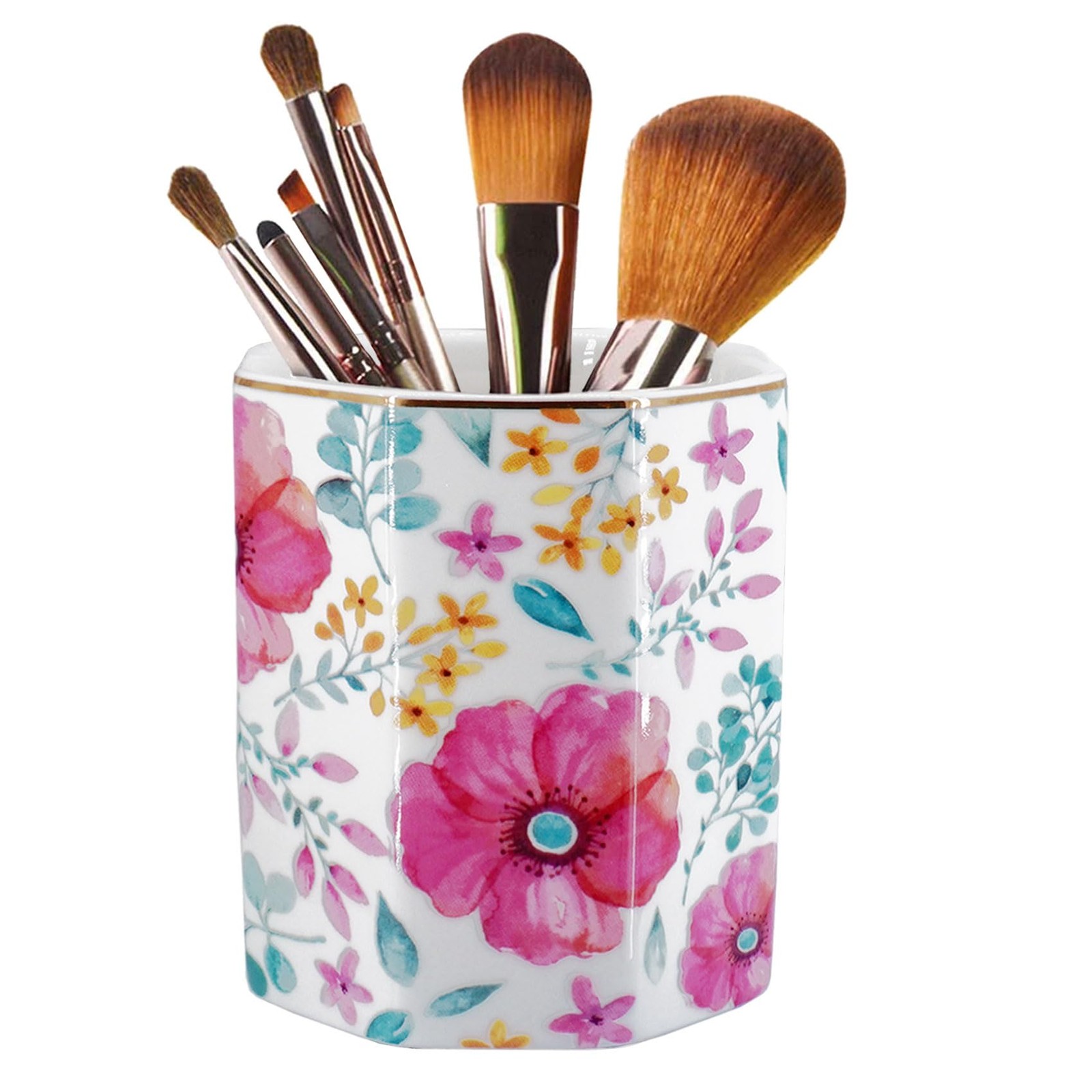 Pen Holder, Makeup Brush Holder Ceramic Shiny Gold Spring Floral Pattern Penc…