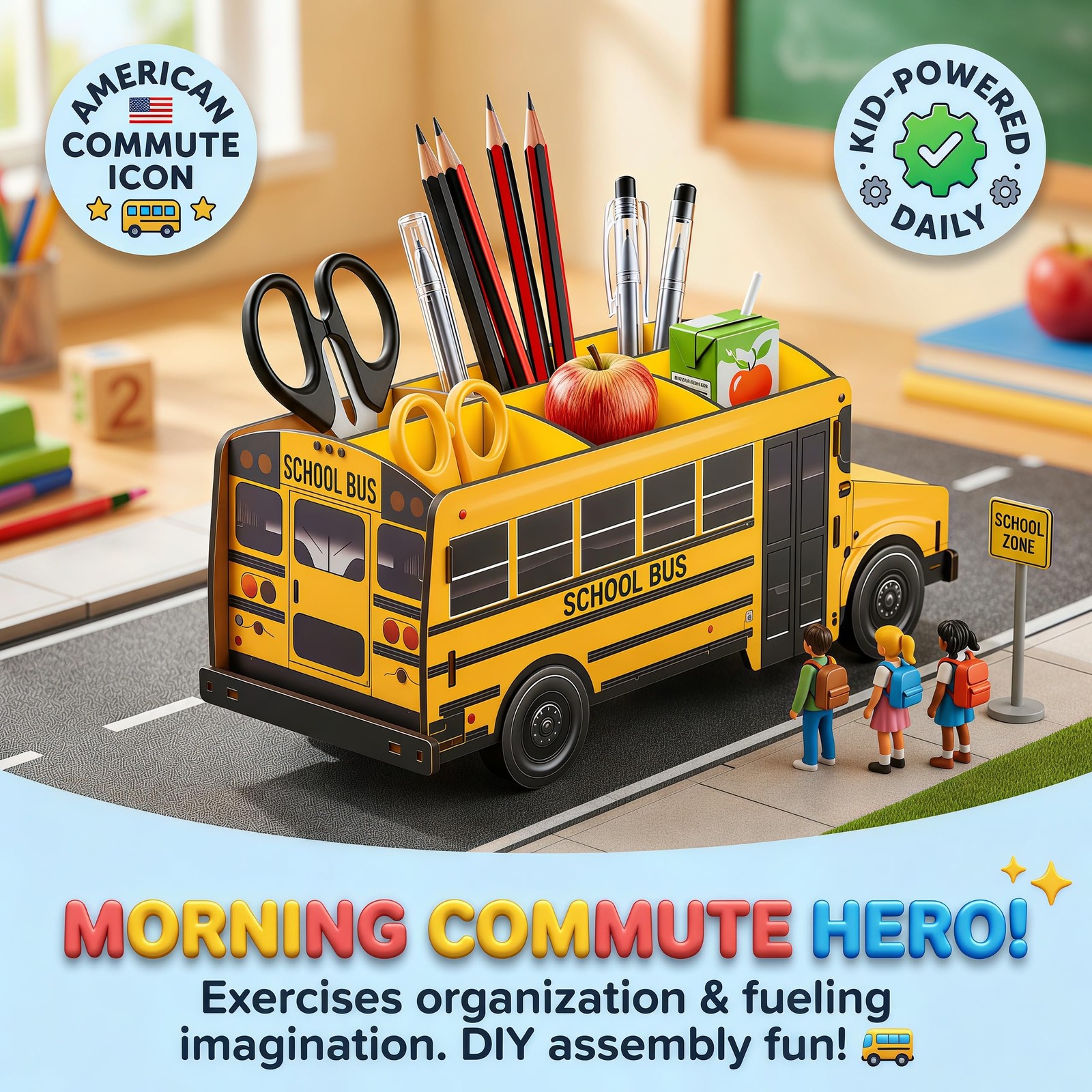 Cute Wooden School Bus Desk Decor & Pencil Holder – Retro Yellow Vehicle Stat…