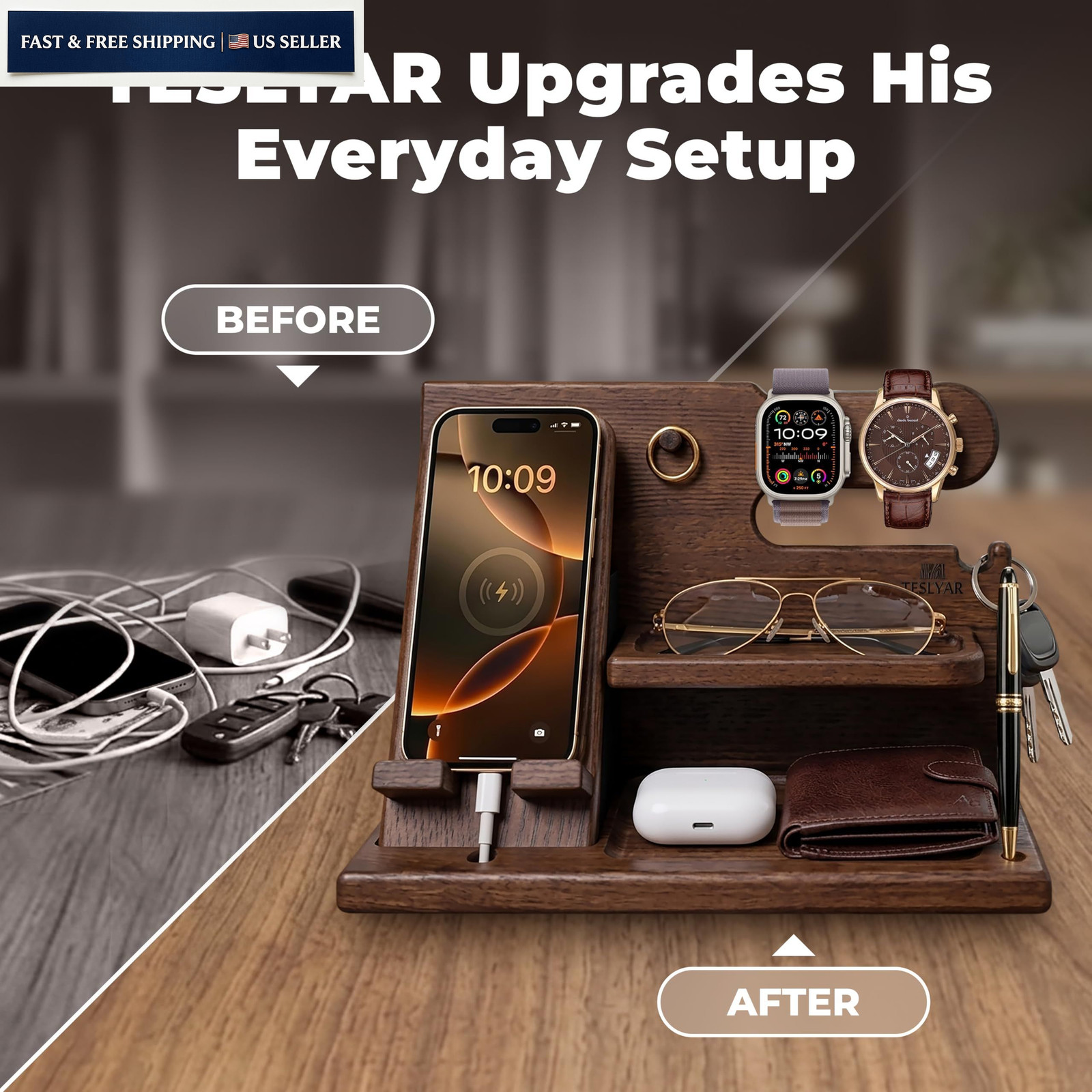 TESLYAR Wood Phone Docking Station for Men – Desk or Nightstand Bourbon Brown