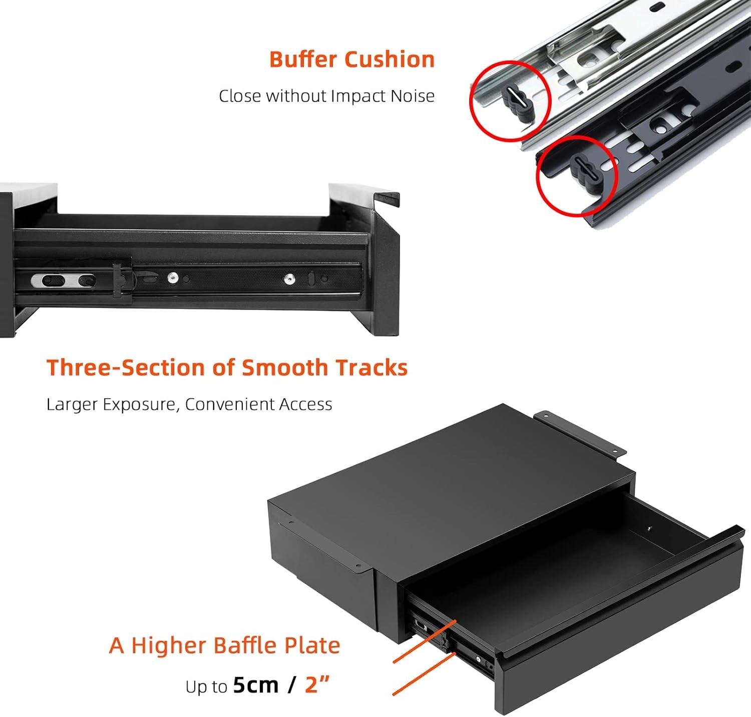 18” Under Desk Drawer with Large Slide and Cable Management: Black Metal Design